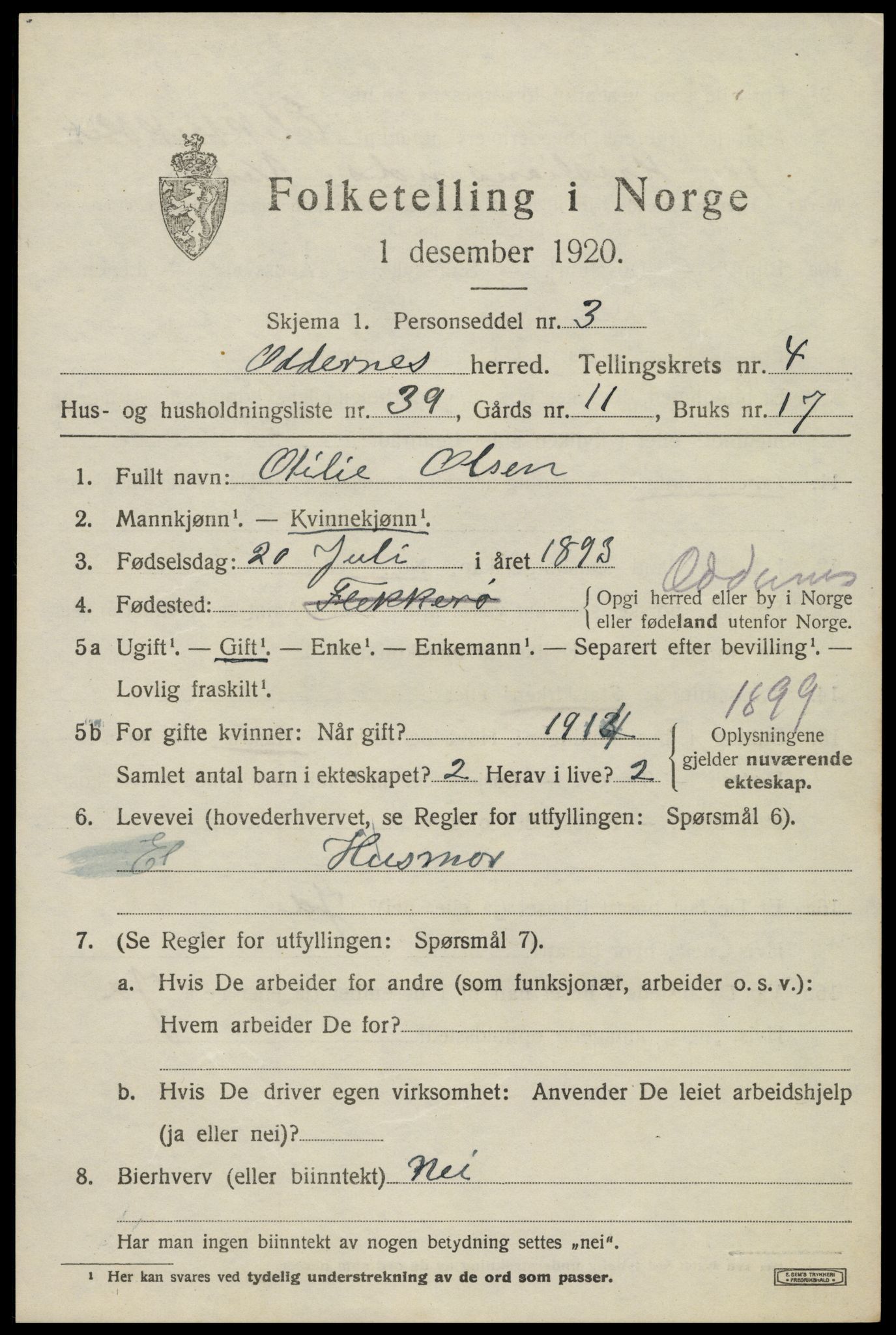 SAK, 1920 census for Oddernes, 1920, p. 4421