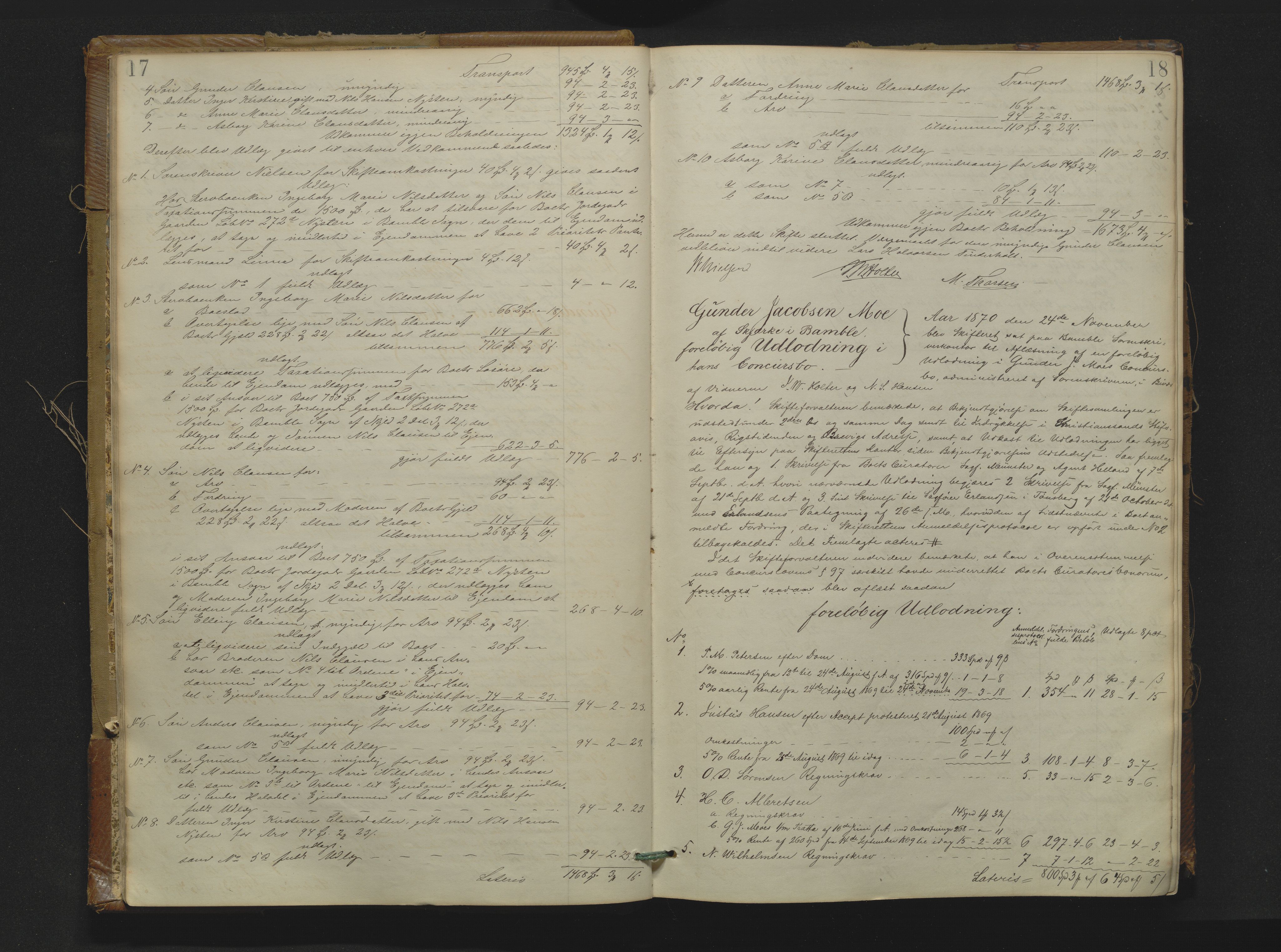 Bamble sorenskriveri, AV/SAKO-A-214/H/Hb/Hbd/L0008: Skifteutlodningsprotokoll, 1870-1882, p. 17-18