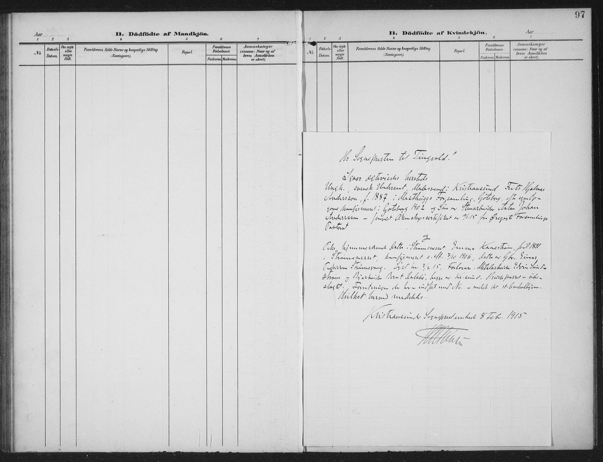 Ministerialprotokoller, klokkerbøker og fødselsregistre - Møre og Romsdal, AV/SAT-A-1454/586/L0989: Parish register (official) no. 586A15, 1906-1915, p. 97