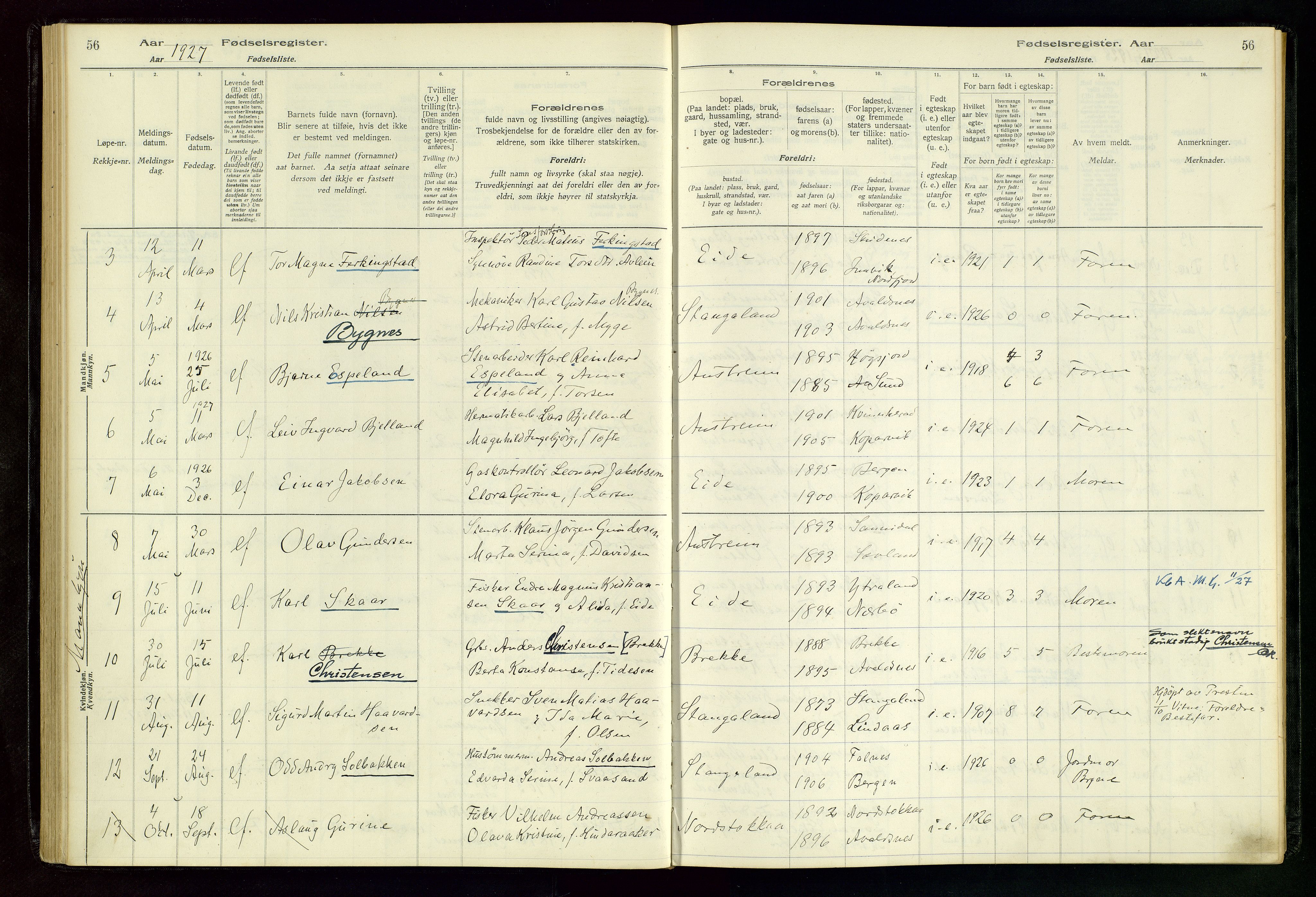 Kopervik sokneprestkontor, SAST/A-101850/I/Id/L0004: Birth register no. 4, 1916-1958, p. 56