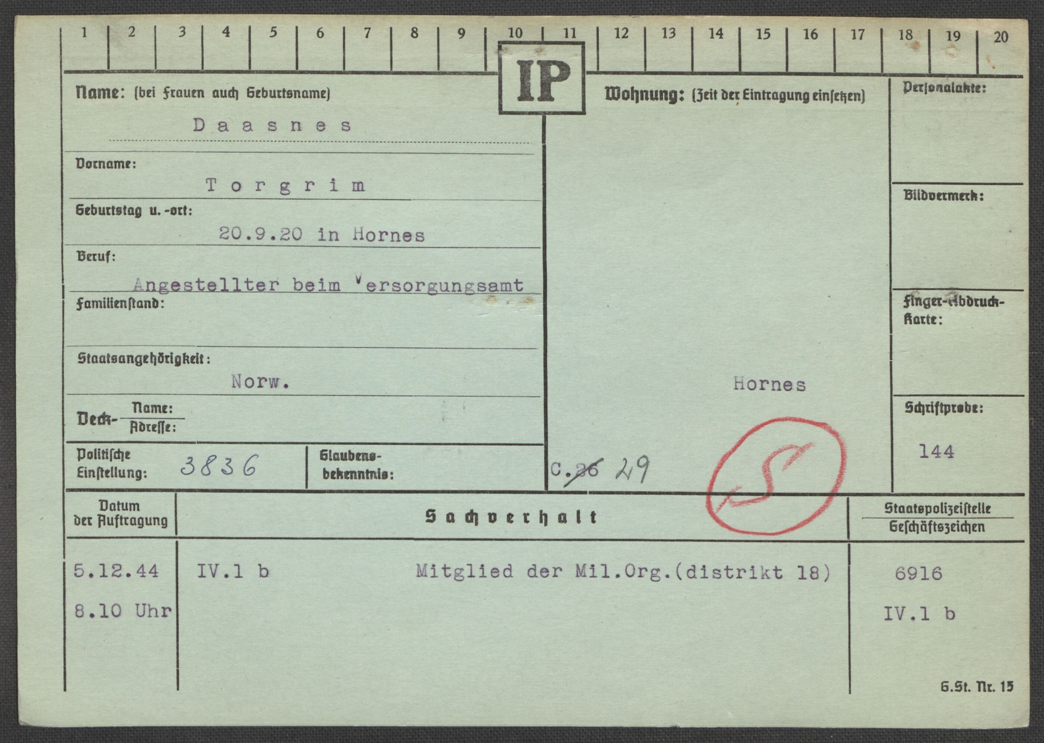 Befehlshaber der Sicherheitspolizei und des SD, AV/RA-RAFA-5969/E/Ea/Eaa/L0002: Register over norske fanger i Møllergata 19: Bj-Eng, 1940-1945, p. 1151