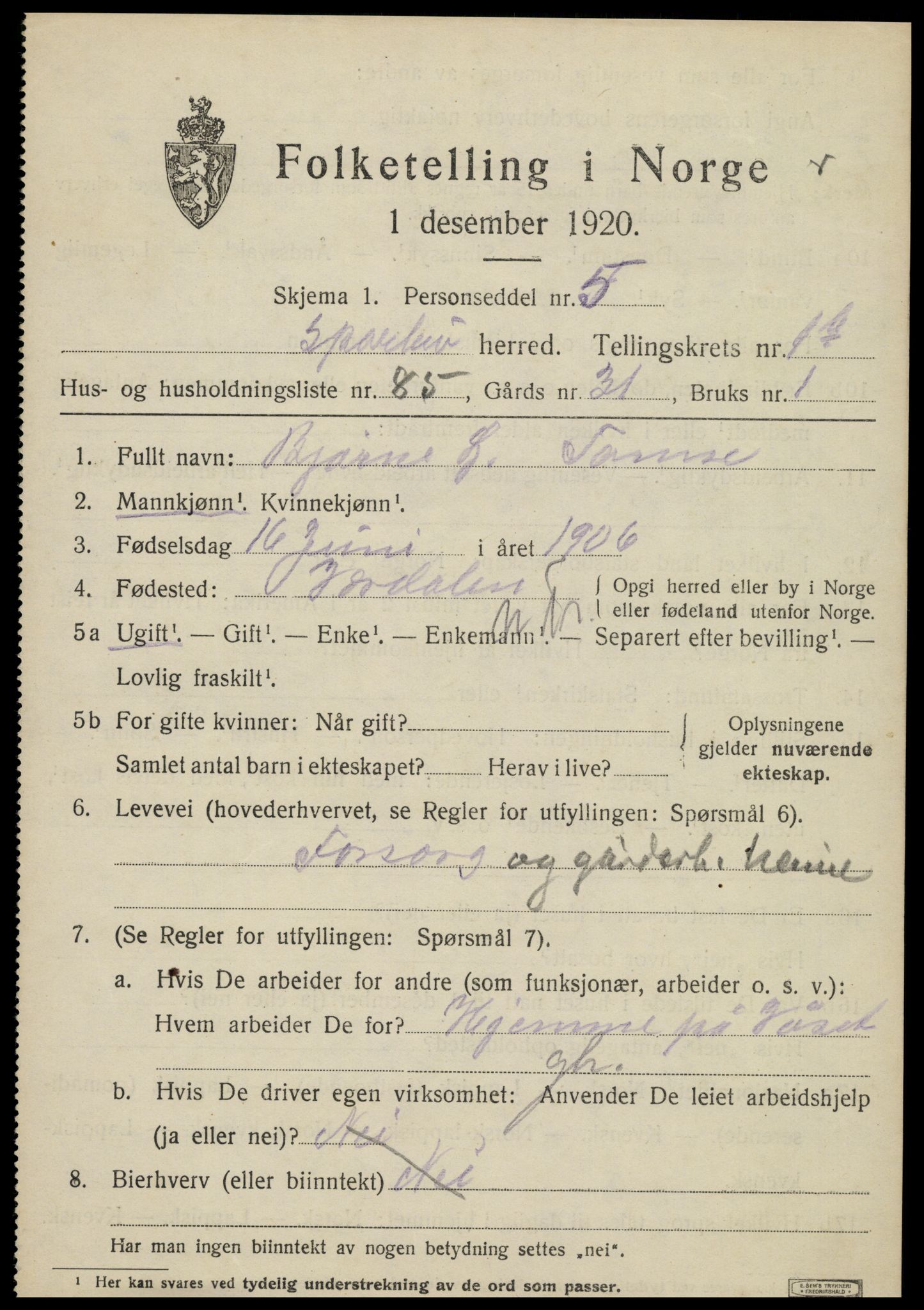 SAT, 1920 census for Sparbu, 1920, p. 3187