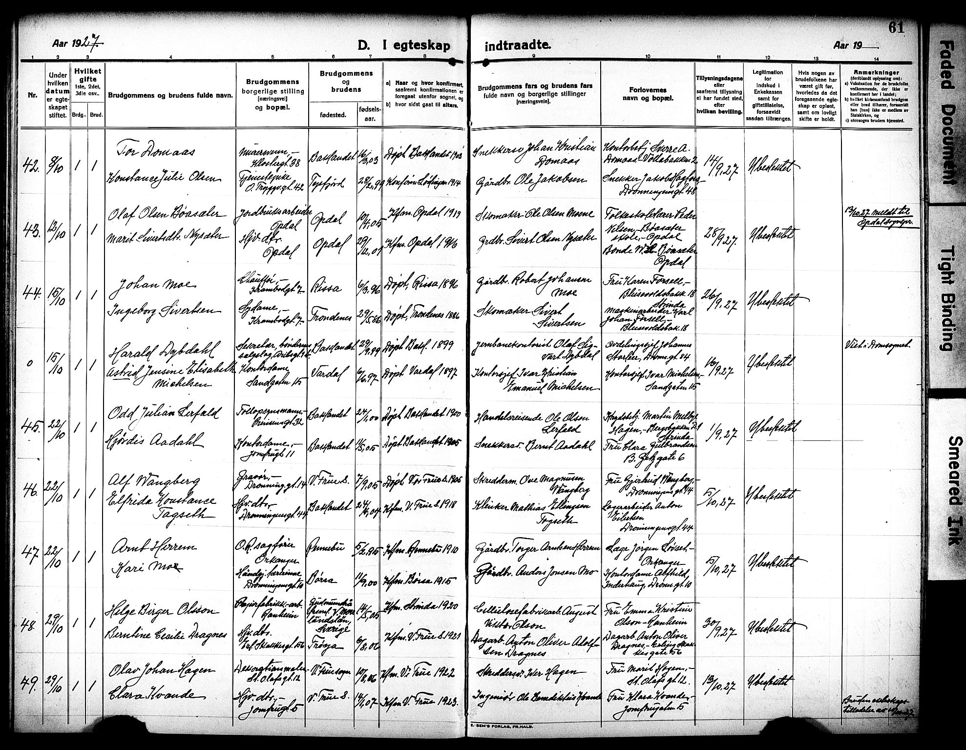 Ministerialprotokoller, klokkerbøker og fødselsregistre - Sør-Trøndelag, SAT/A-1456/602/L0149: Parish register (copy) no. 602C17, 1919-1932, p. 61