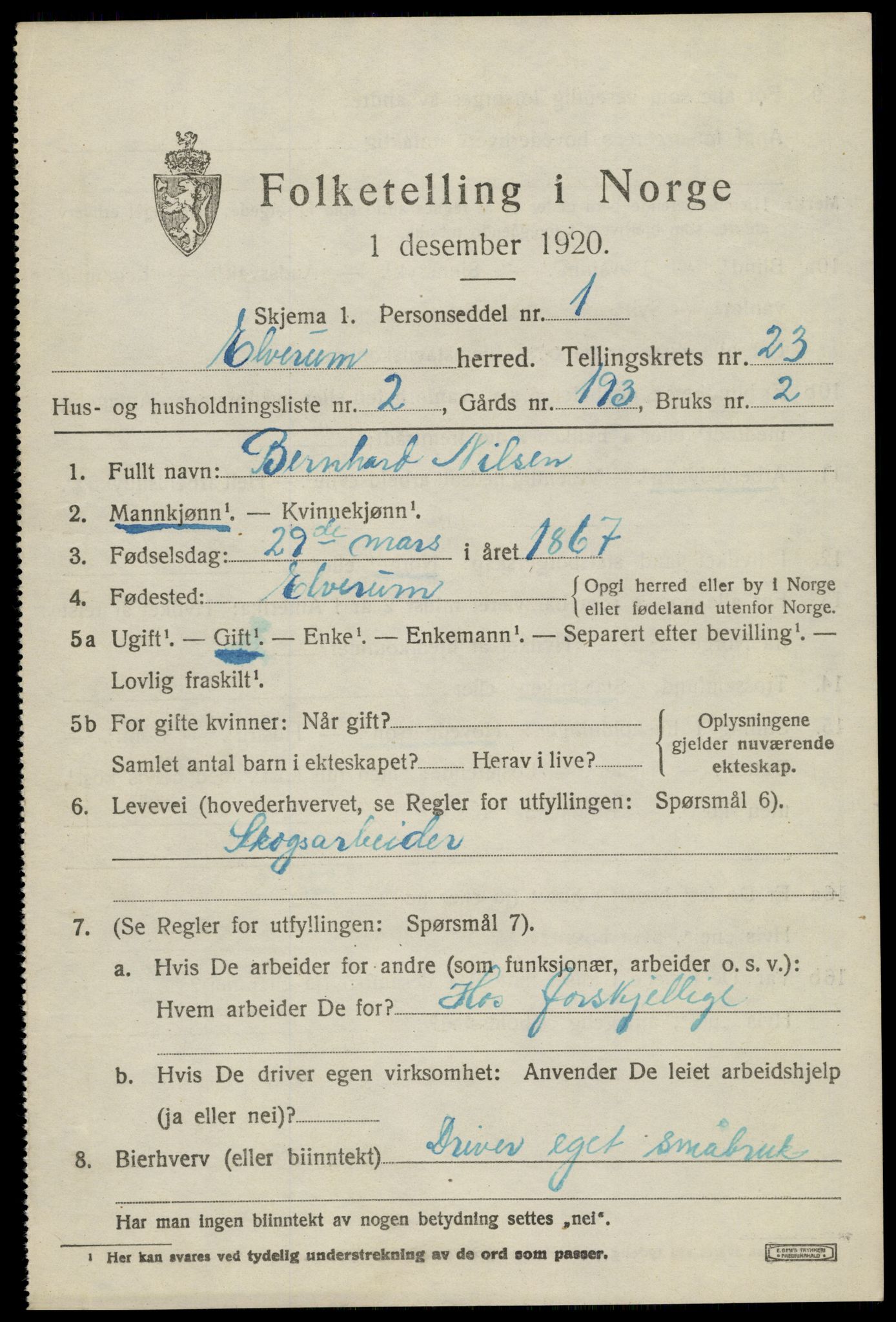 SAH, 1920 census for Elverum, 1920, p. 25174