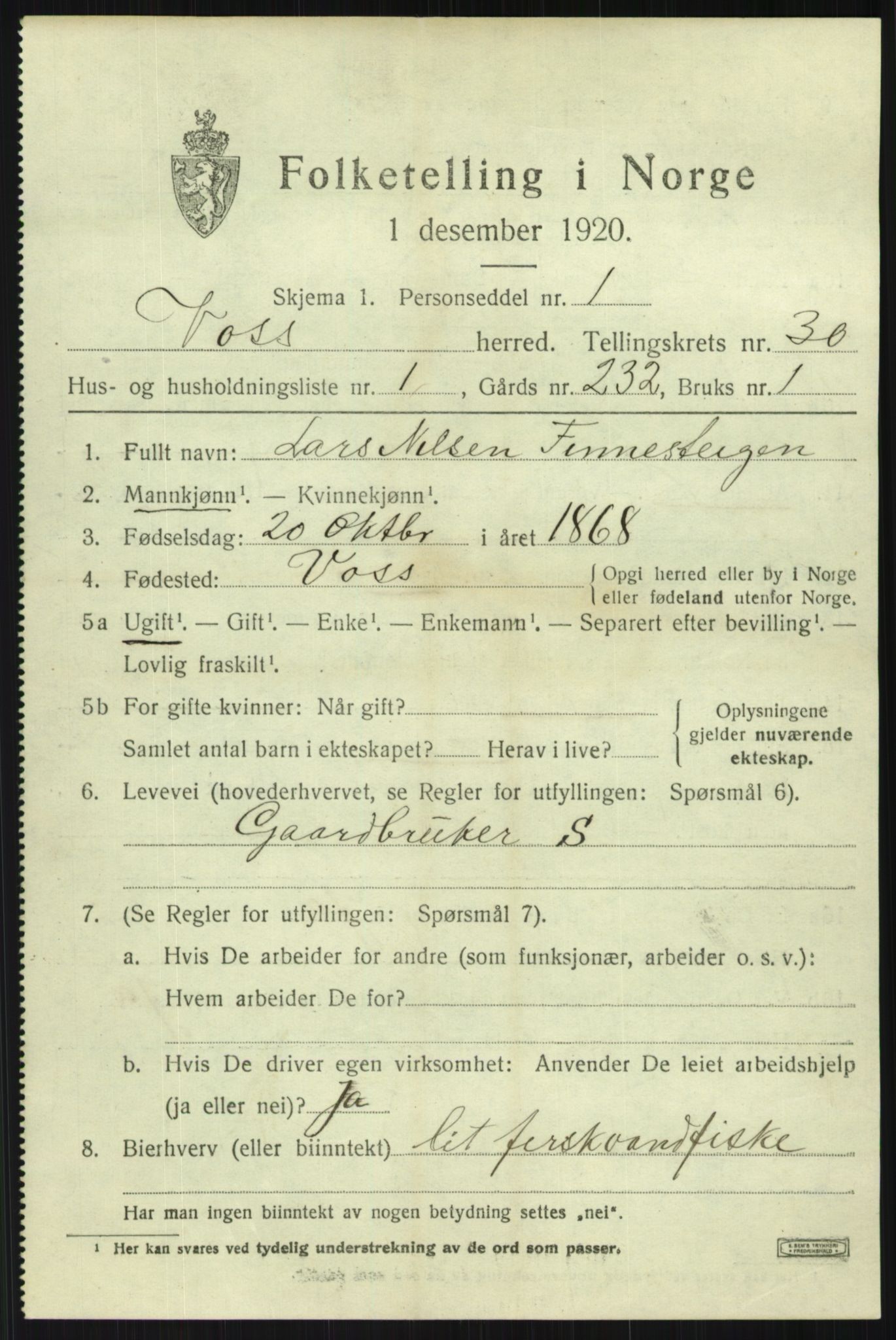 SAB, 1920 census for Voss, 1920, p. 19561
