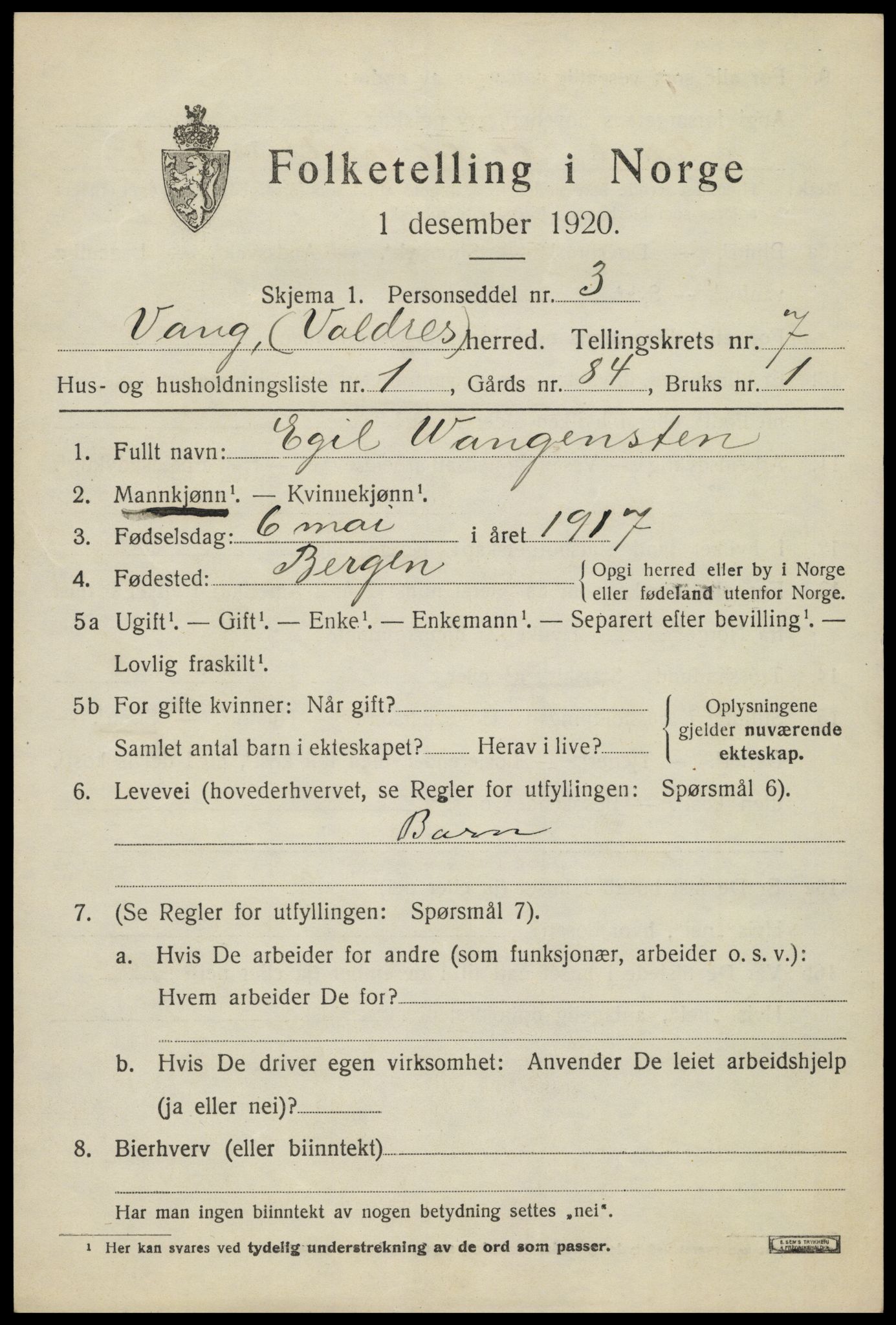 SAH, 1920 census for Vang (Oppland), 1920, p. 3087