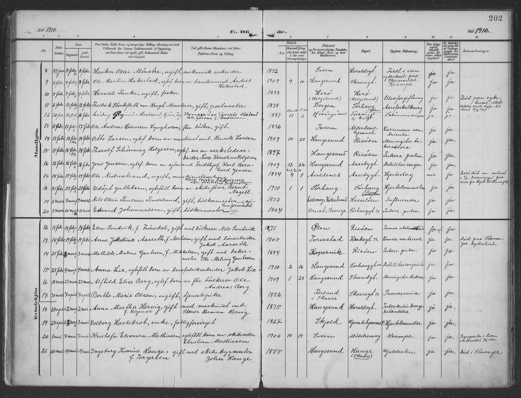 Haugesund sokneprestkontor, AV/SAST-A -101863/H/Ha/Haa/L0007: Parish register (official) no. A 7, 1904-1916, p. 202