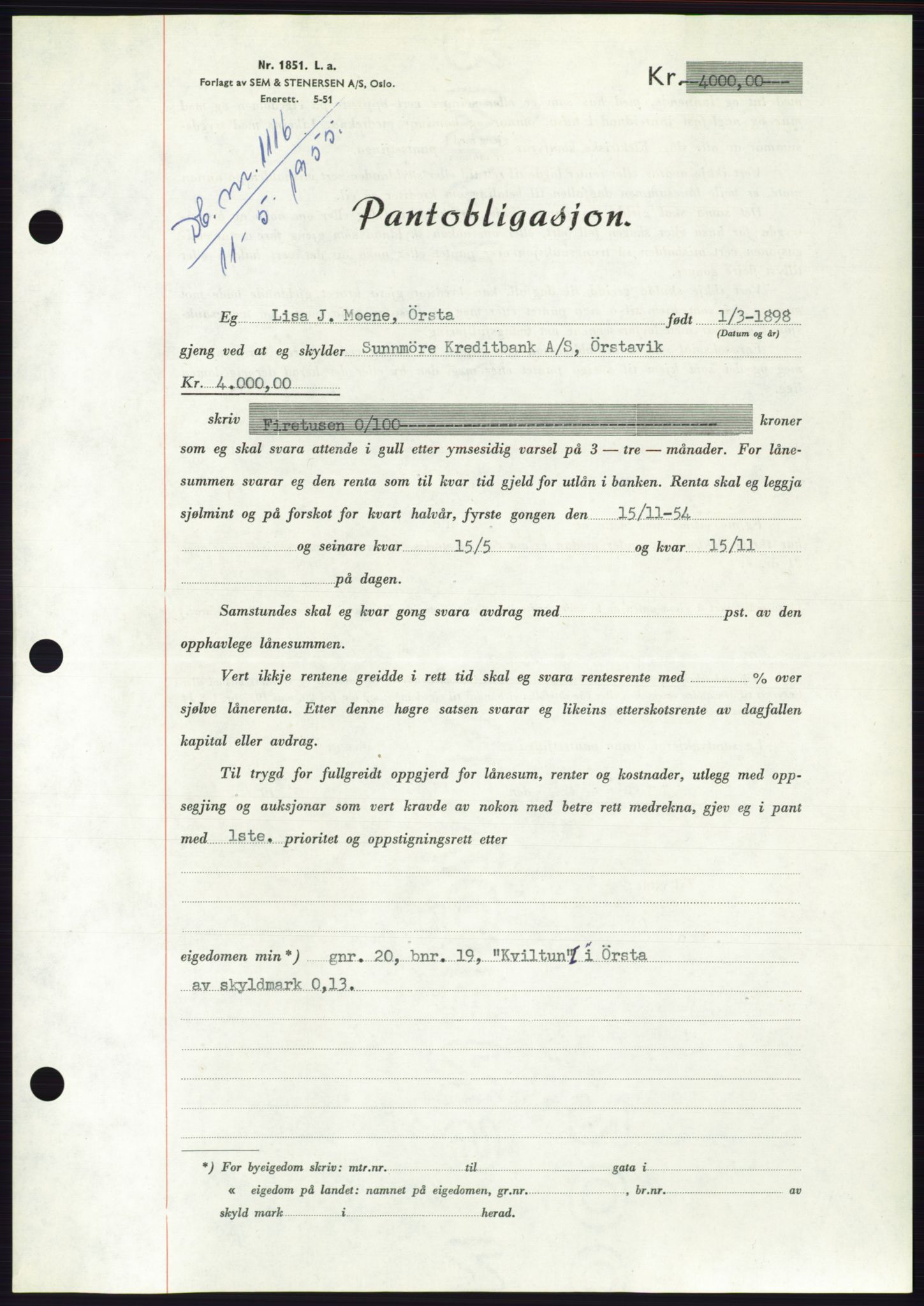 Søre Sunnmøre sorenskriveri, AV/SAT-A-4122/1/2/2C/L0126: Mortgage book no. 14B, 1954-1955, Diary no: : 1116/1955