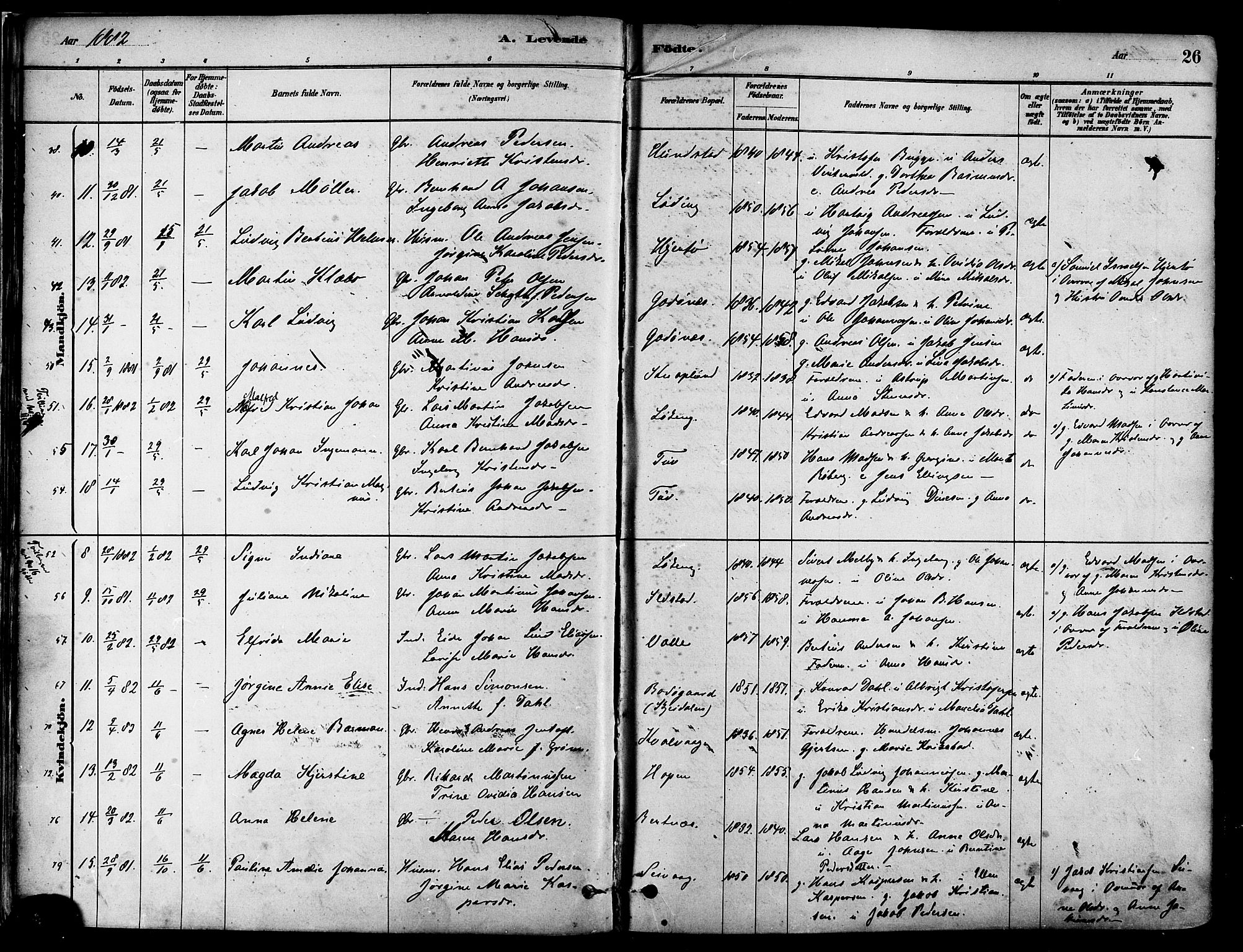 Ministerialprotokoller, klokkerbøker og fødselsregistre - Nordland, SAT/A-1459/802/L0054: Parish register (official) no. 802A01, 1879-1893, p. 26