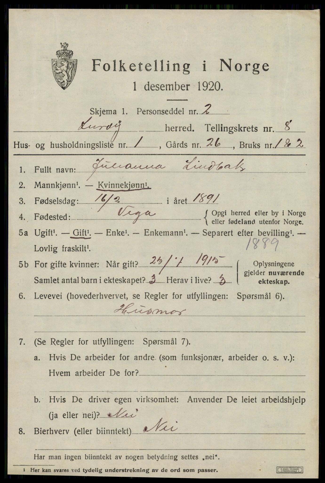 SAT, 1920 census for Lurøy, 1920, p. 3857