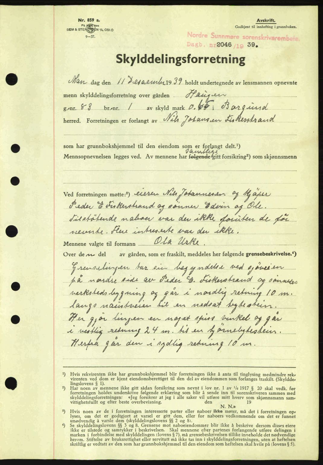 Nordre Sunnmøre sorenskriveri, AV/SAT-A-0006/1/2/2C/2Ca: Mortgage book no. A8, 1939-1940, Diary no: : 2046/1939