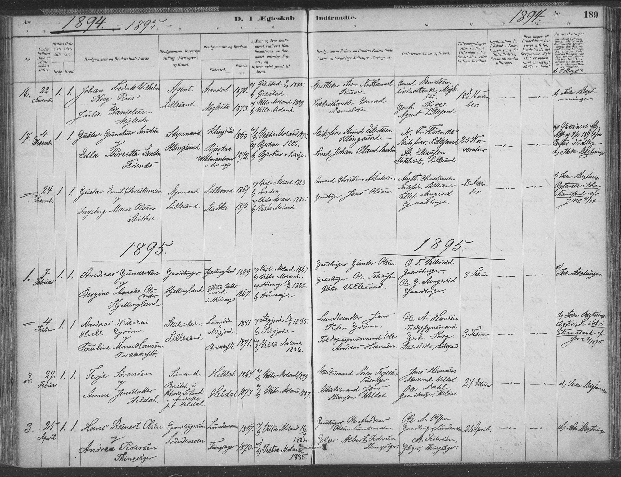 Vestre Moland sokneprestkontor, AV/SAK-1111-0046/F/Fa/Fab/L0009: Parish register (official) no. A 9, 1884-1899, p. 189