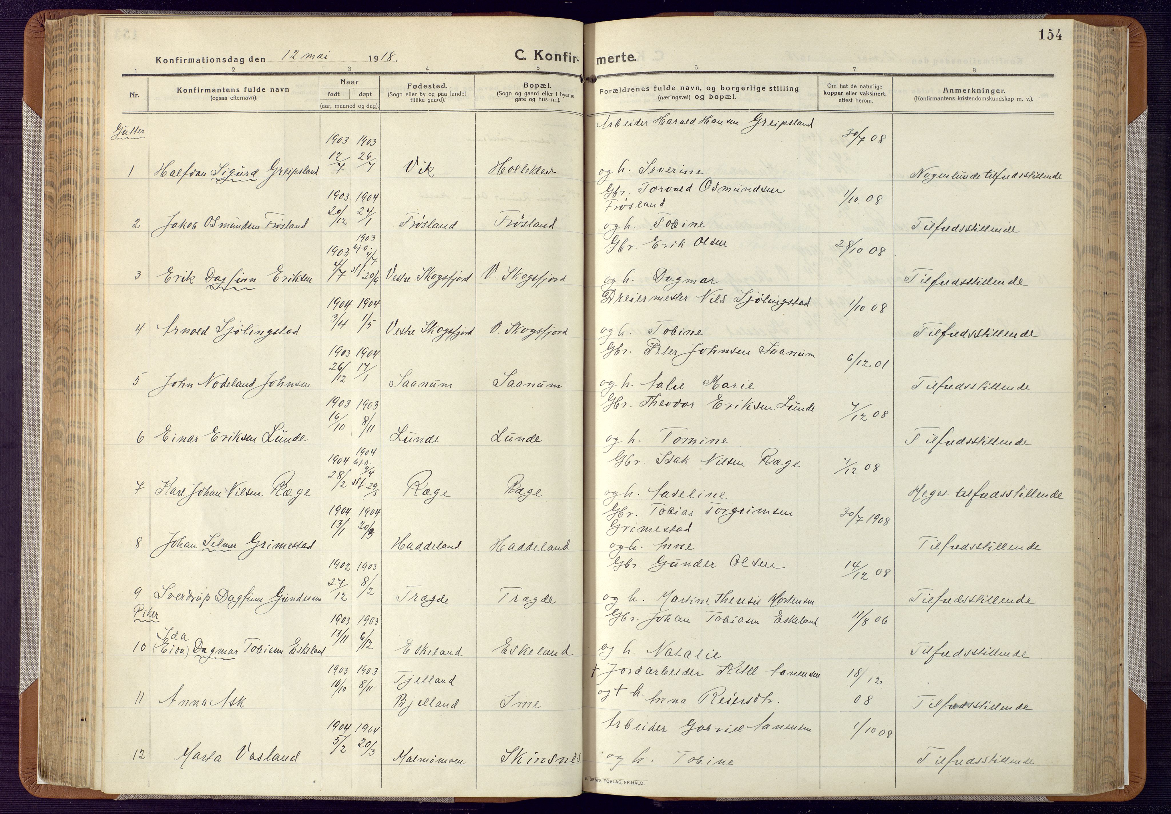 Mandal sokneprestkontor, SAK/1111-0030/F/Fa/Faa/L0022: Parish register (official) no. A 22, 1913-1925, p. 154