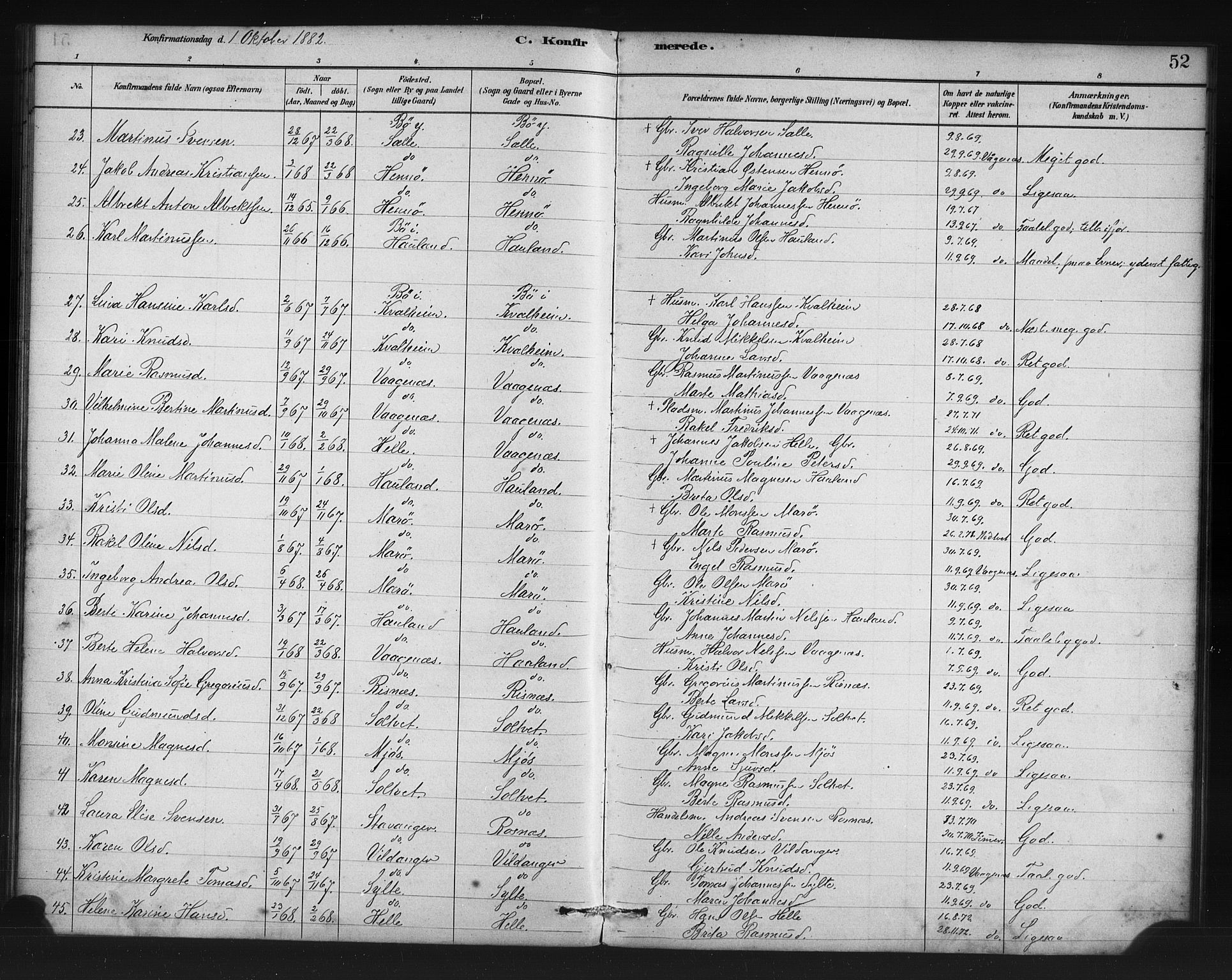 Manger sokneprestembete, AV/SAB-A-76801/H/Haa: Parish register (official) no. C 1, 1881-1890, p. 52