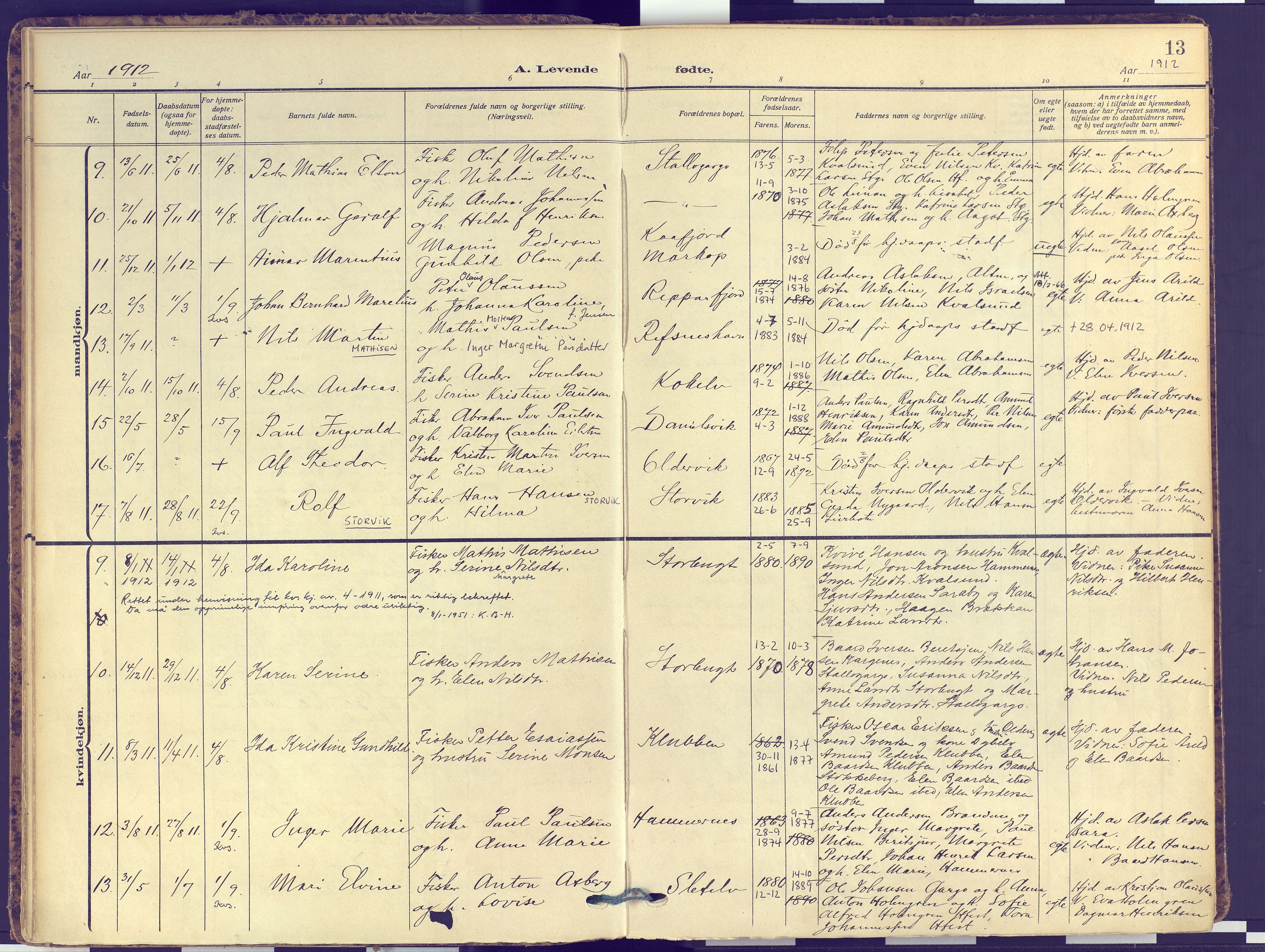 Hammerfest sokneprestkontor, SATØ/S-1347: Parish register (official) no. 16, 1908-1923, p. 13