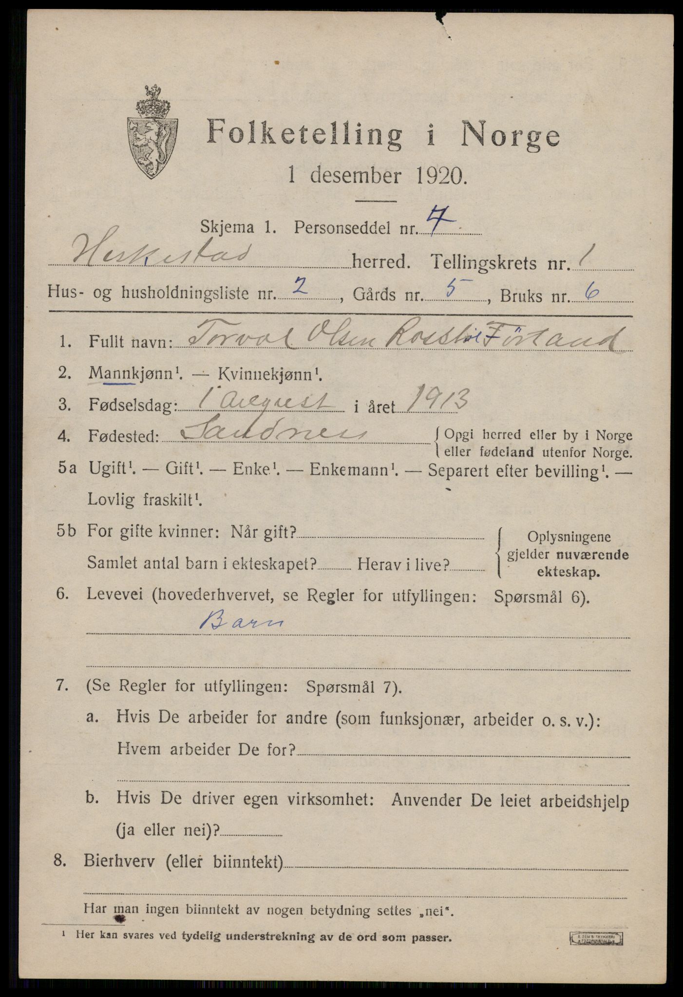 SAST, 1920 census for Heskestad, 1920, p. 385