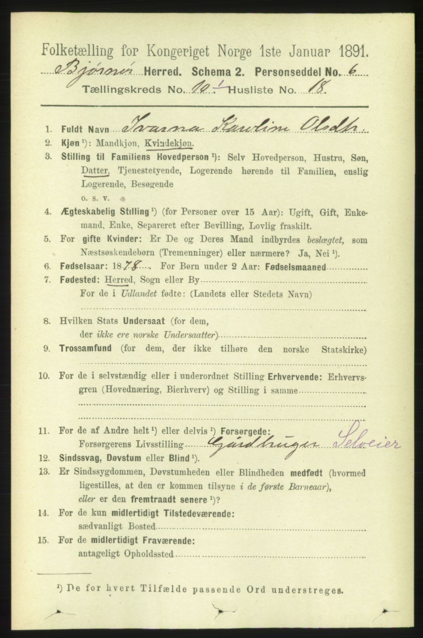RA, 1891 census for 1632 Bjørnør, 1891, p. 4249