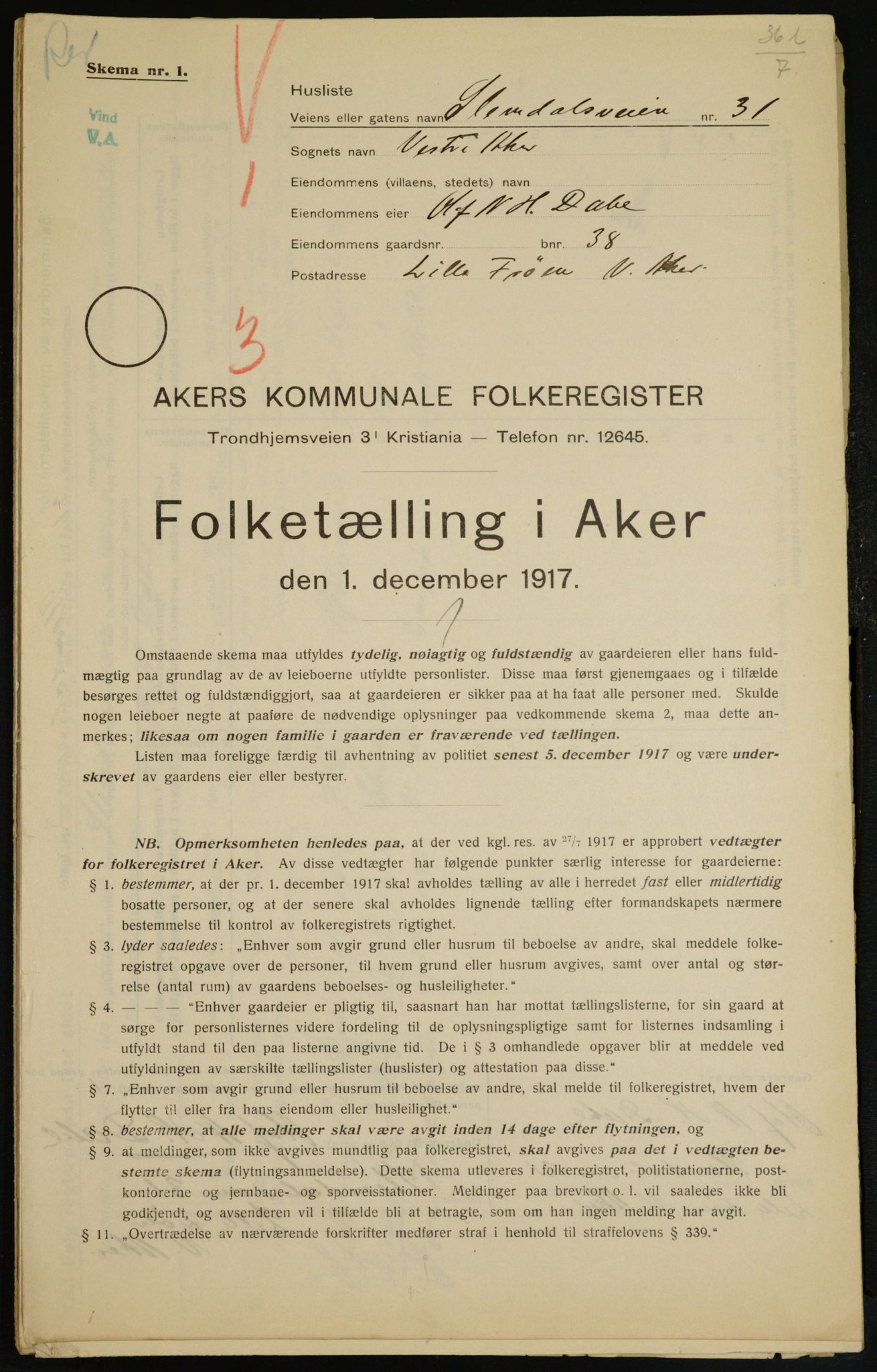 OBA, Municipal Census 1917 for Aker, 1917, p. 9559