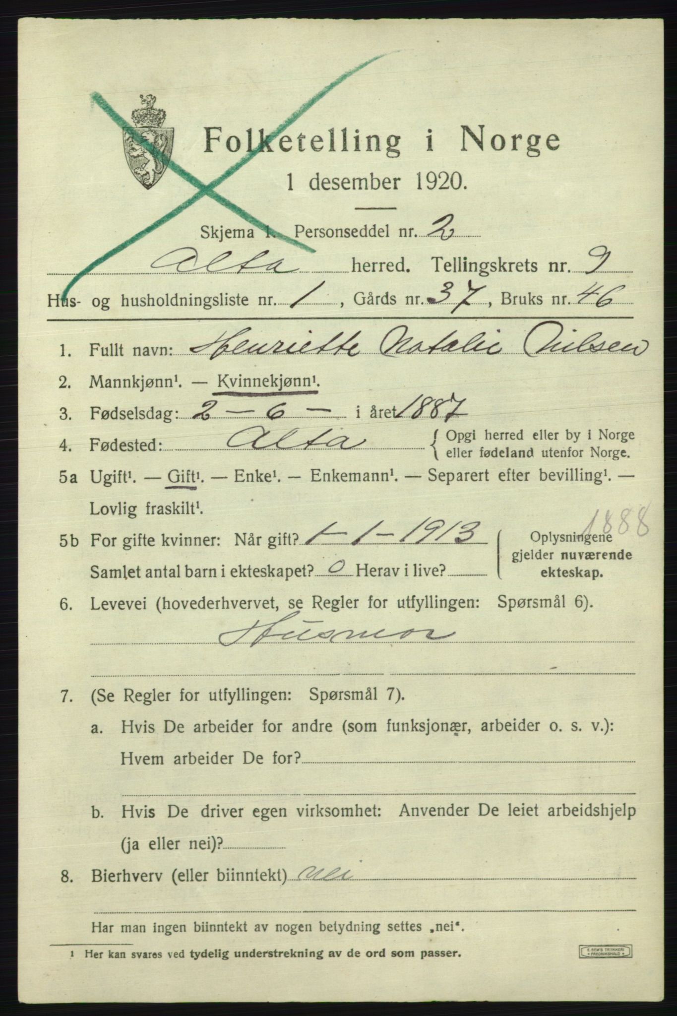 SATØ, 1920 census for Alta, 1920, p. 6593