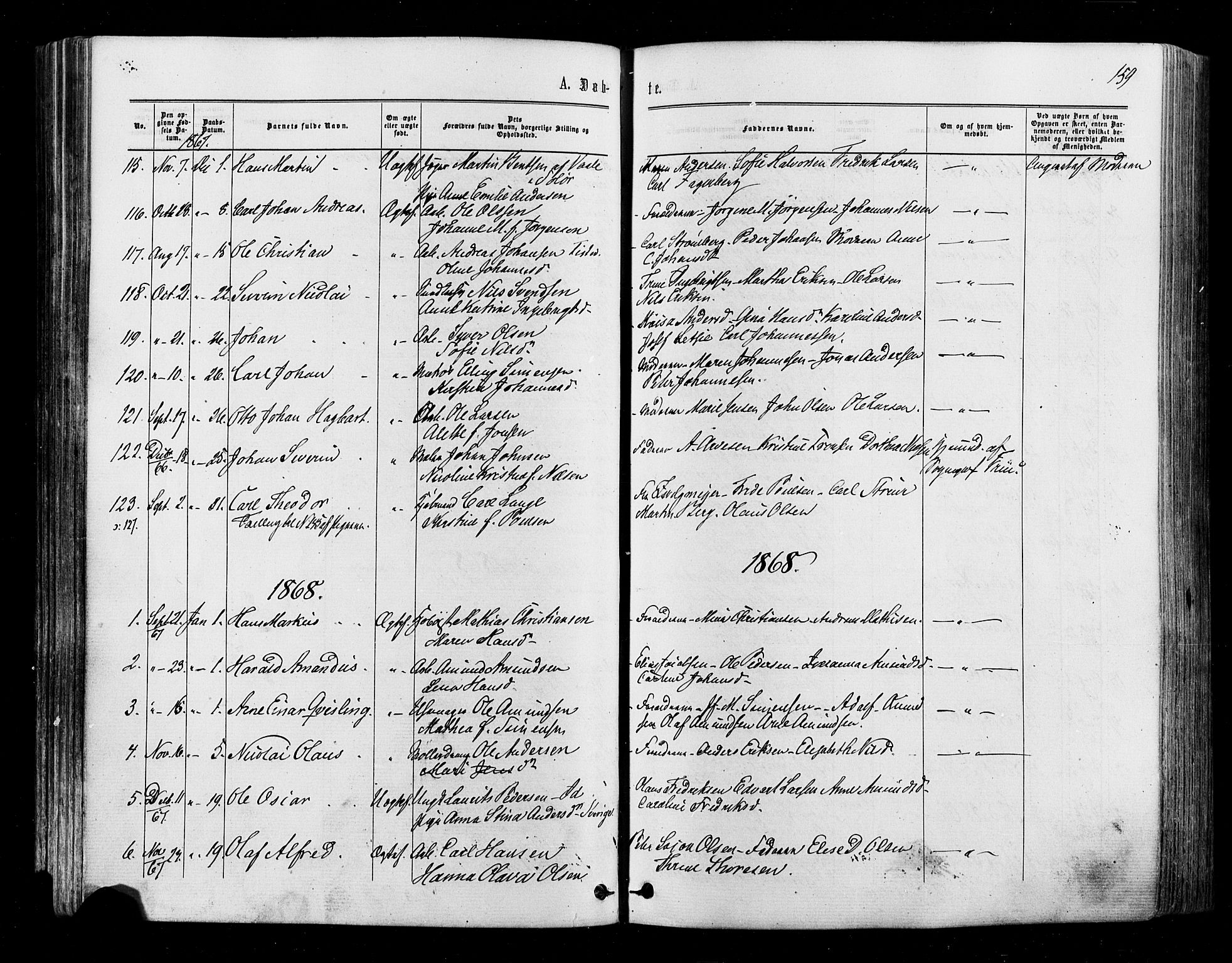 Halden prestekontor Kirkebøker, SAO/A-10909/F/Fa/L0009: Parish register (official) no. I 9, 1866-1877, p. 159