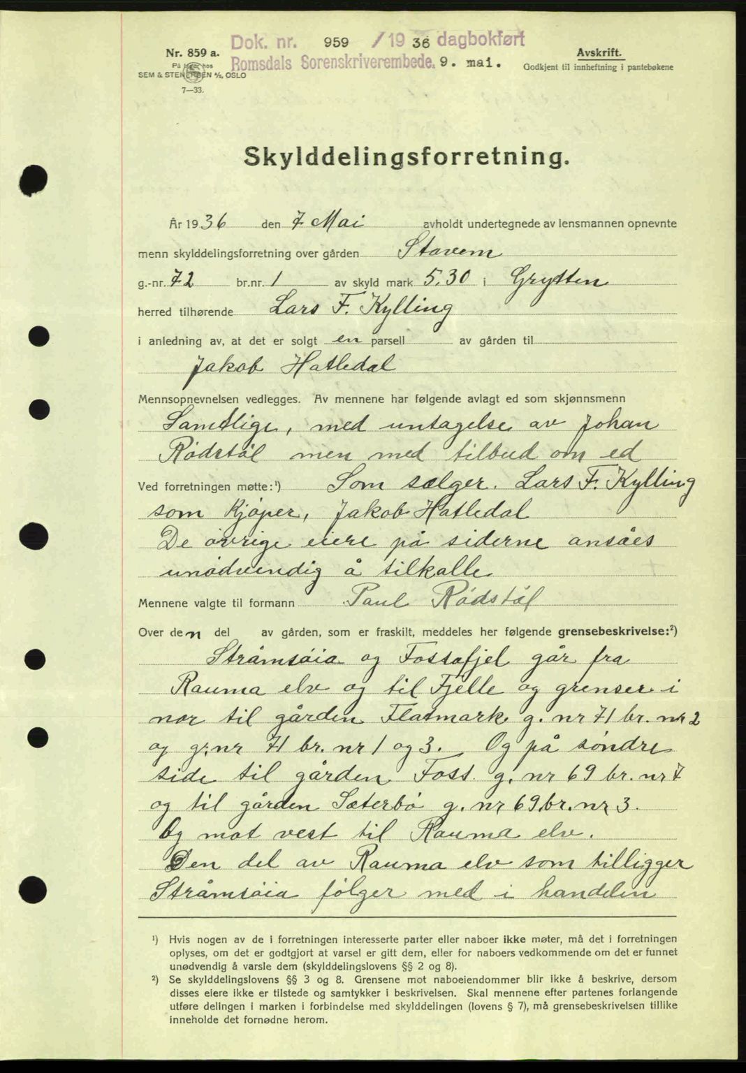 Romsdal sorenskriveri, AV/SAT-A-4149/1/2/2C: Mortgage book no. A1, 1936-1936, Diary no: : 959/1936