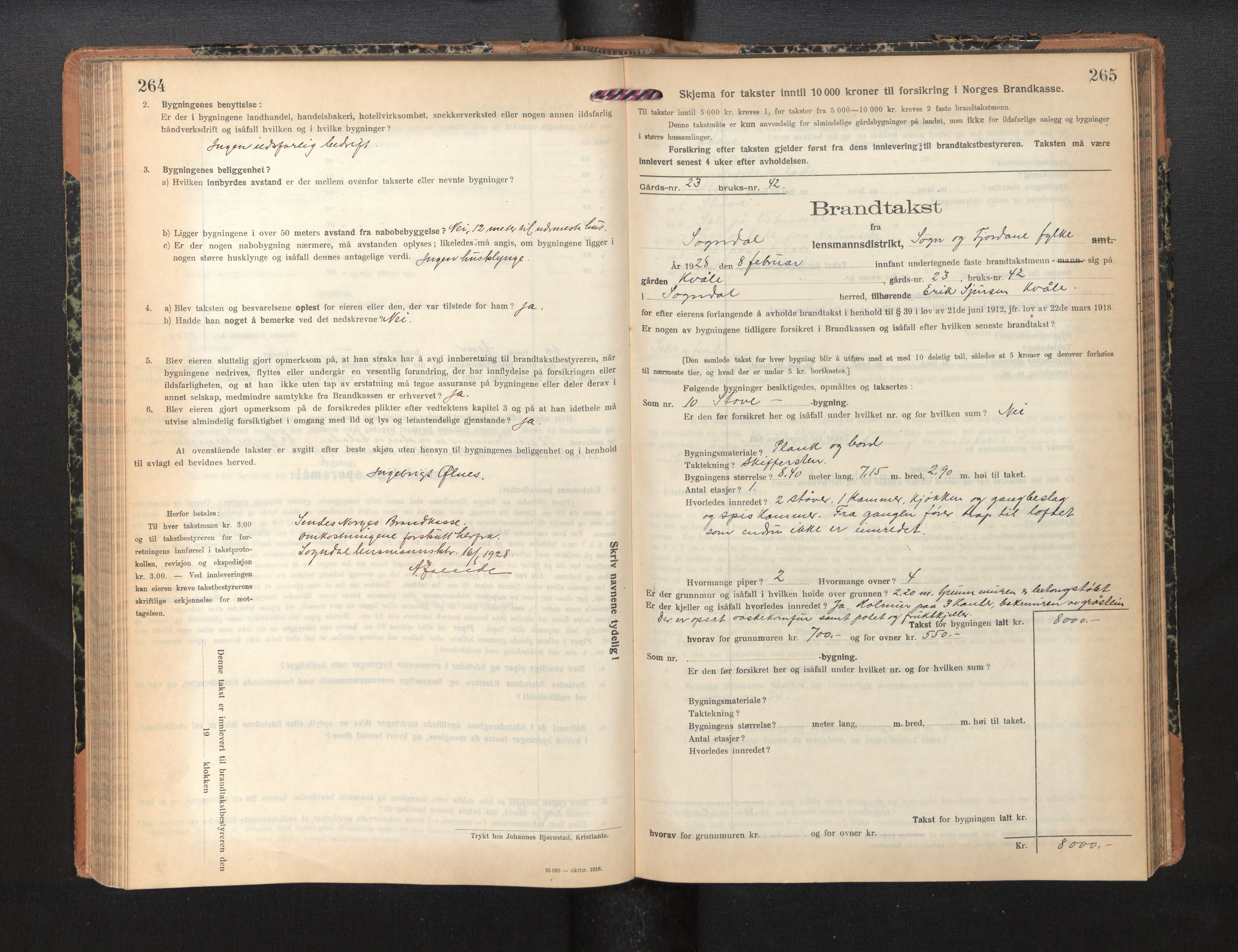Lensmannen i Sogndal, SAB/A-29901/0012/L0012: Branntakstprotokoll, skjematakst, 1922-1931, p. 264-265