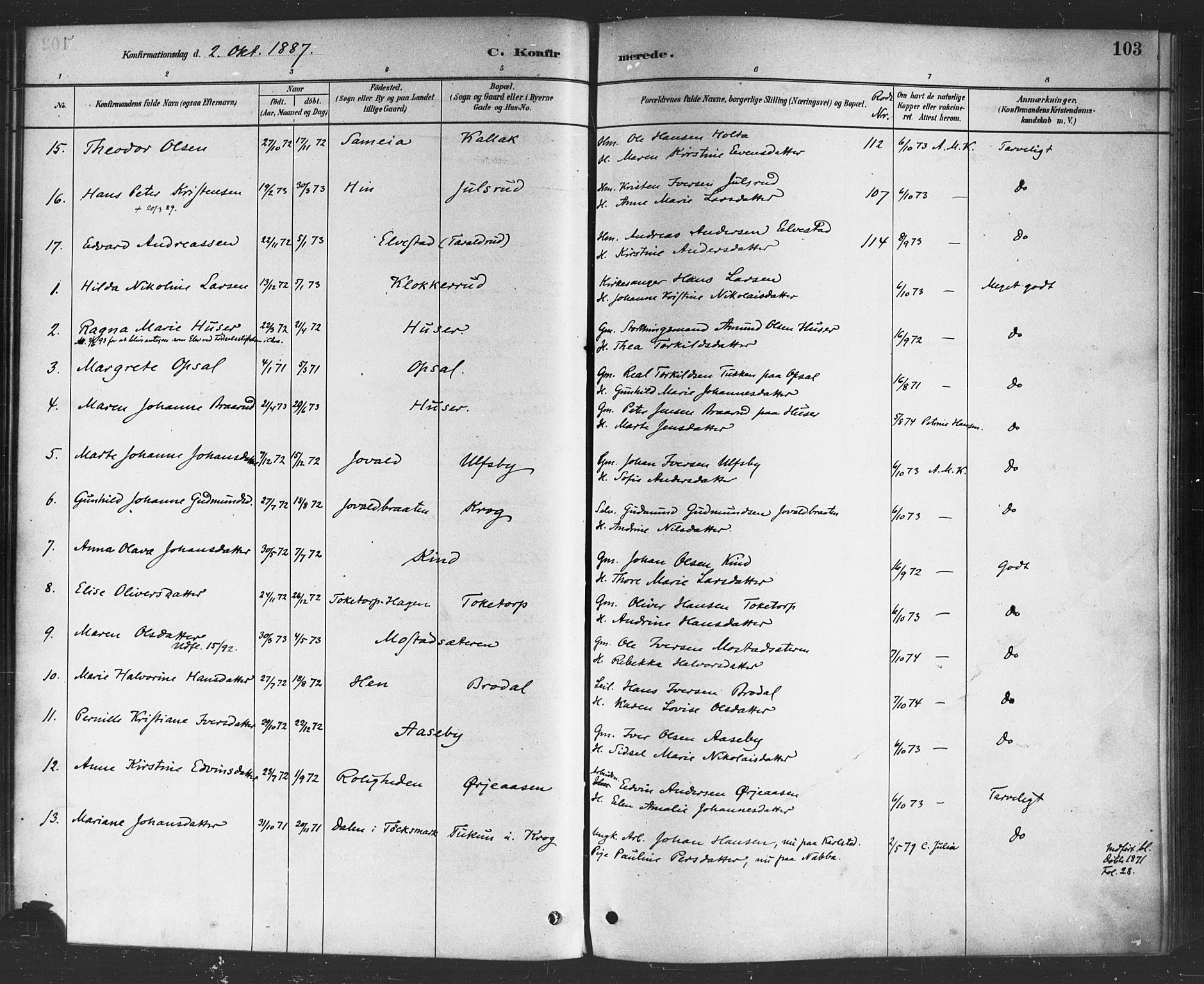 Rødenes prestekontor Kirkebøker, SAO/A-2005/F/Fa/L0009: Parish register (official) no. I 9, 1880-1889, p. 103
