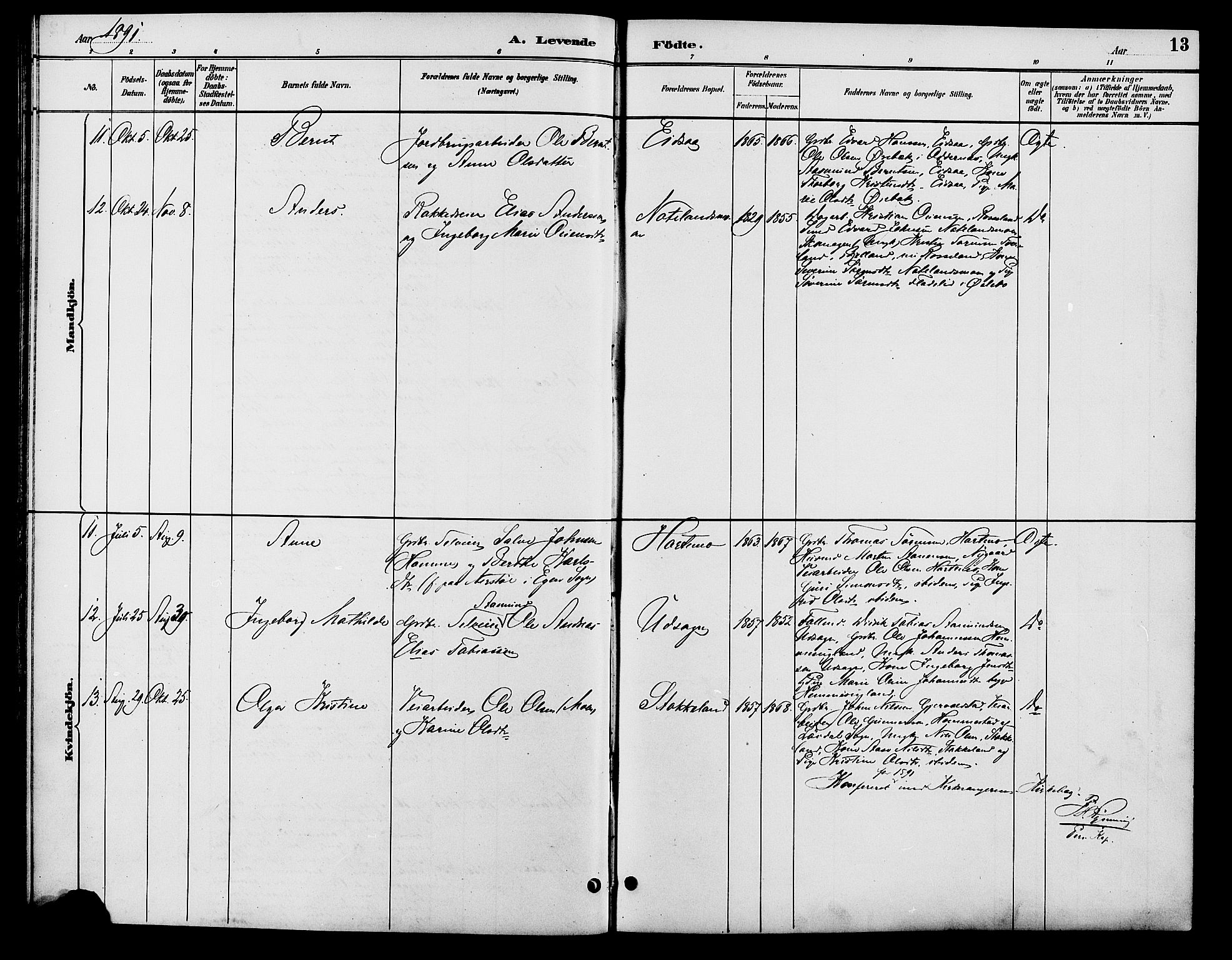 Søgne sokneprestkontor, SAK/1111-0037/F/Fb/Fba/L0004: Parish register (copy) no. B 4, 1888-1903, p. 13