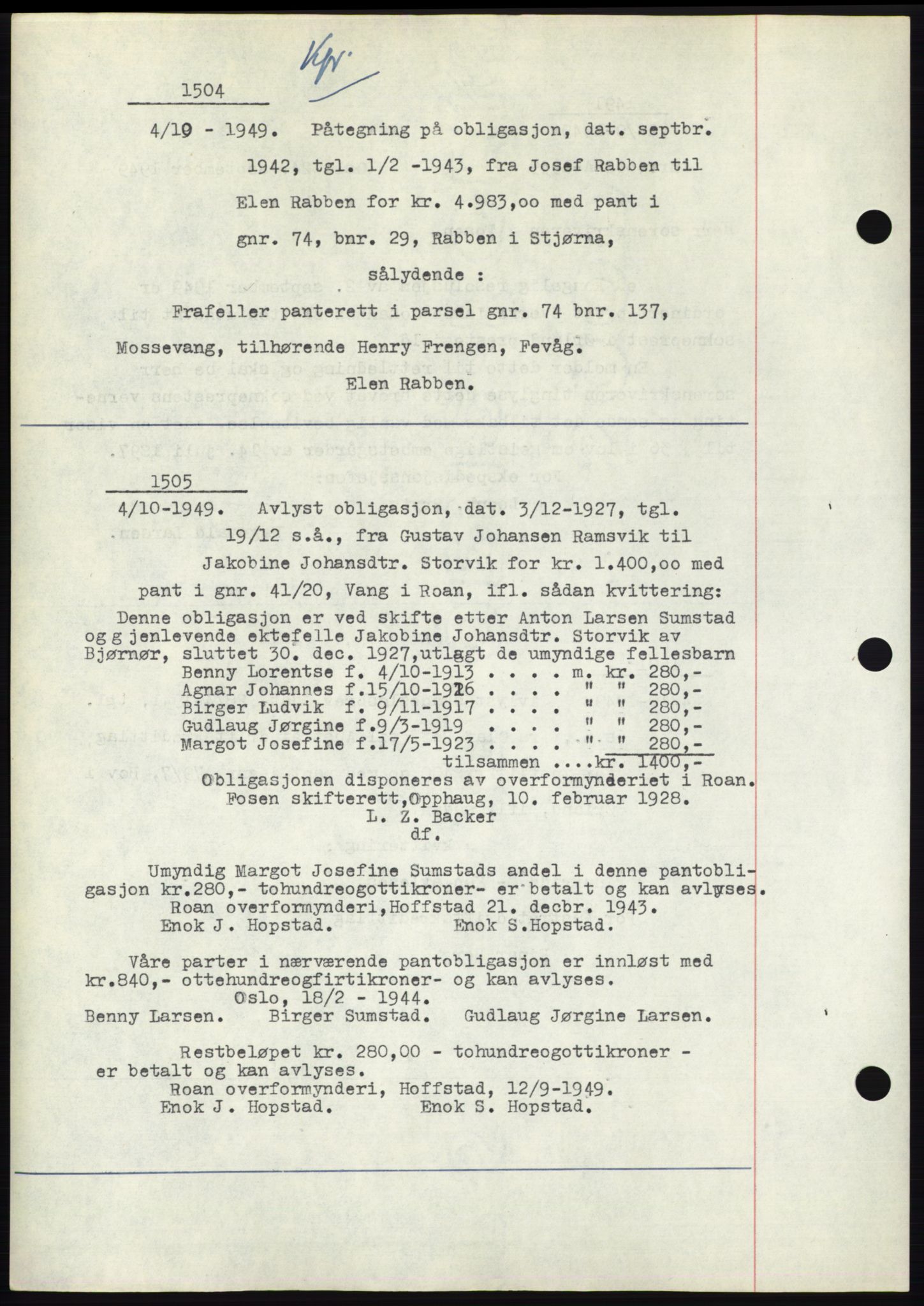 Fosen sorenskriveri, AV/SAT-A-1107/1/2/2C: Mortgage book no. B3, 1948-1950, Diary no: : 1504/1949