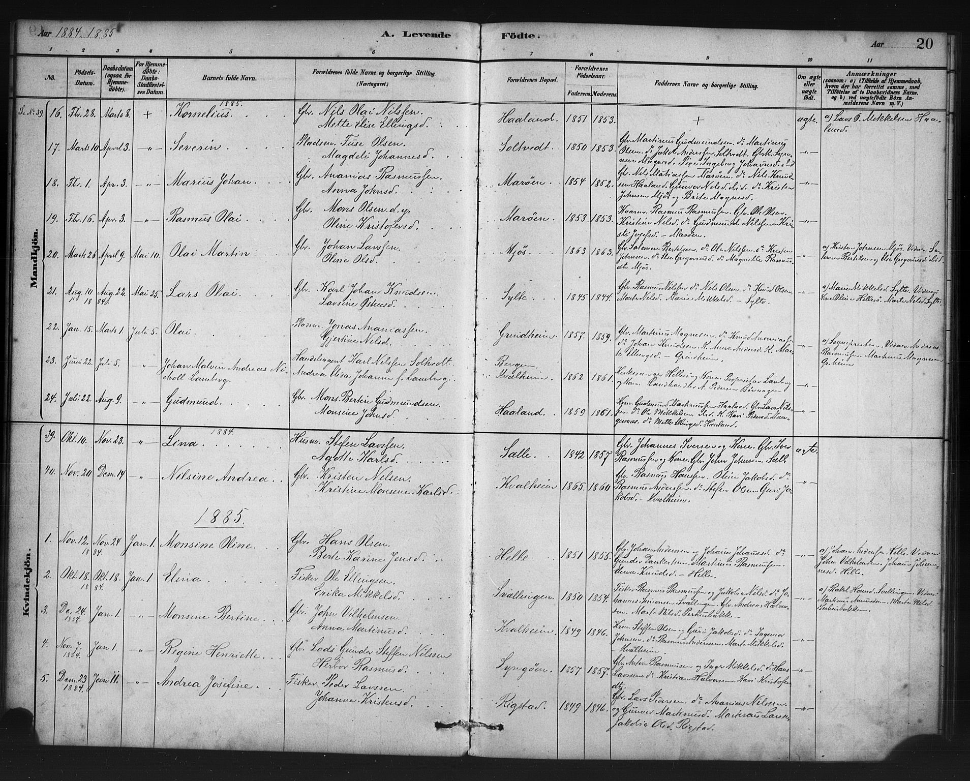 Manger sokneprestembete, AV/SAB-A-76801/H/Haa: Parish register (official) no. C 1, 1881-1890, p. 20