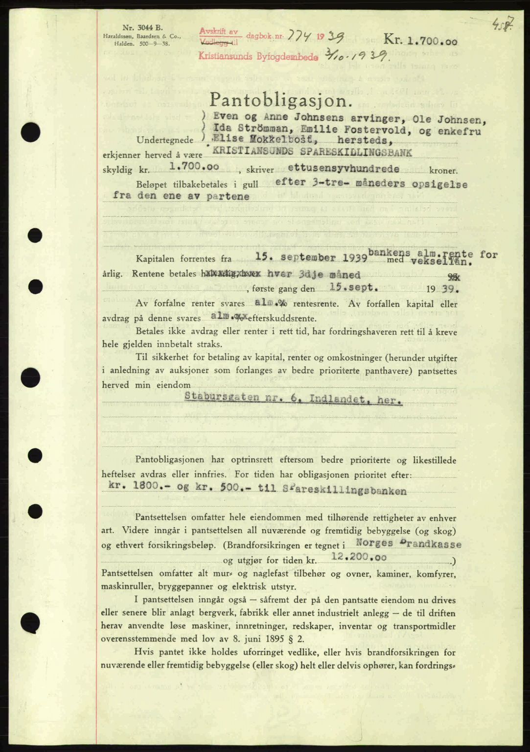 Kristiansund byfogd, SAT/A-4587/A/27: Mortgage book no. 31, 1938-1939, Diary no: : 774/1939