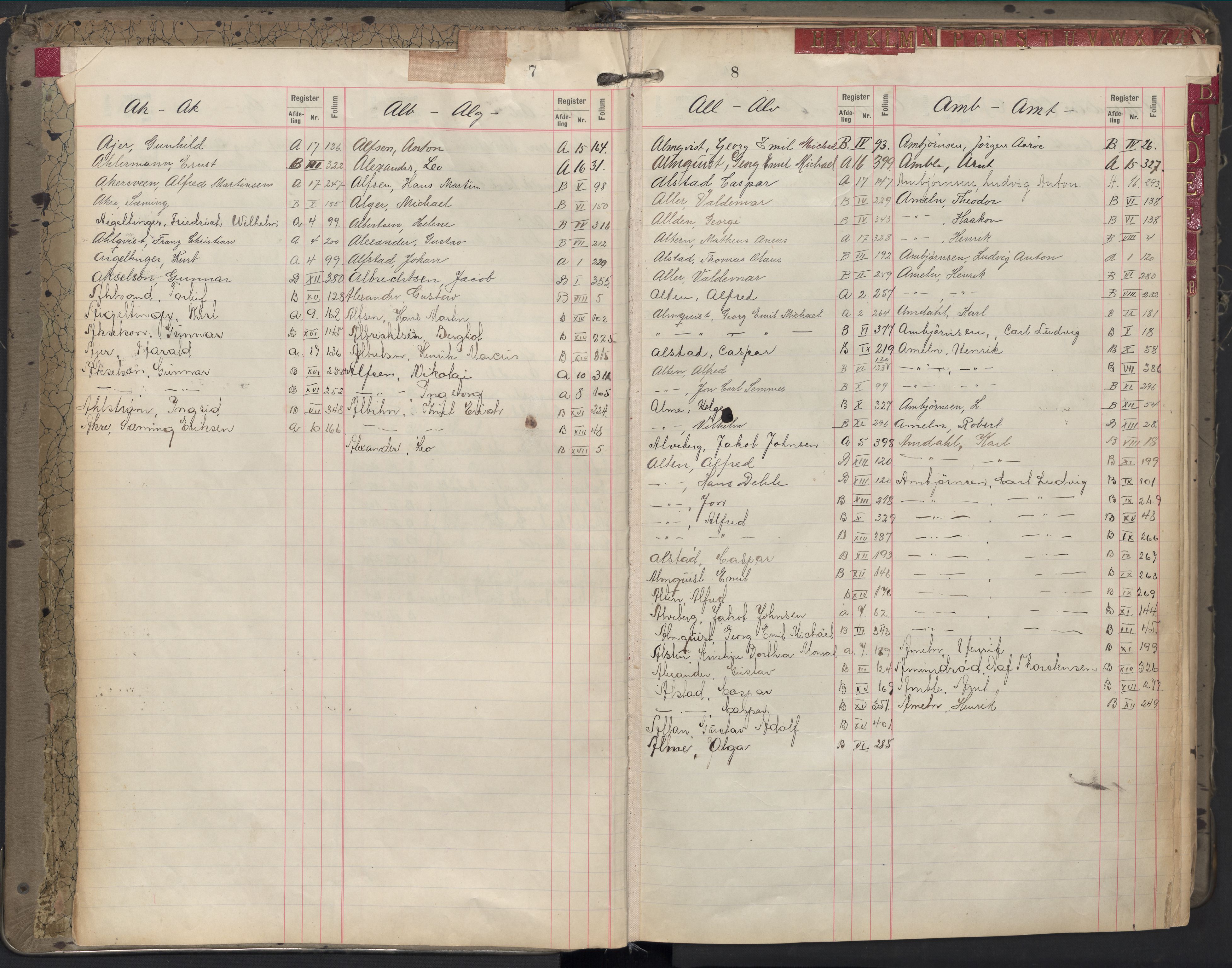 Oslo byfogd avd. II, AV/SAO-A-10942/G/Ga/Gab/L0002: Personregister: A 1-17, B 1-17, C 1, 1907, p. 7-8