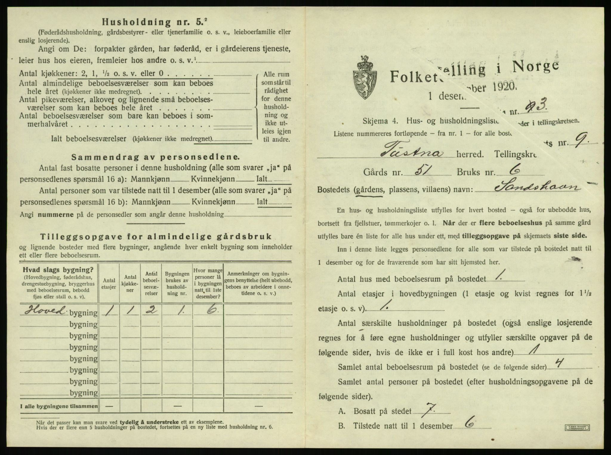 SAT, 1920 census for Tustna, 1920, p. 581