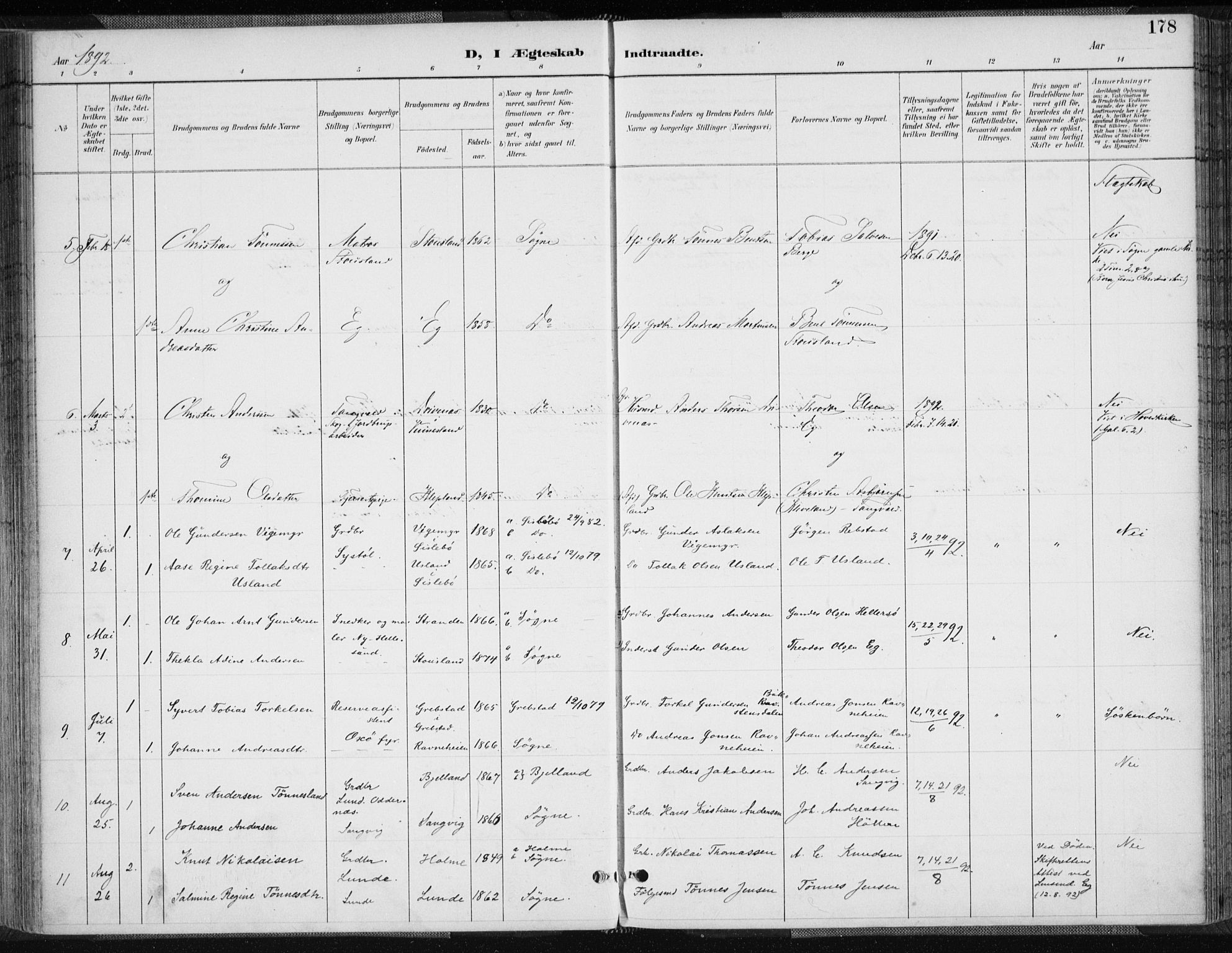 Søgne sokneprestkontor, SAK/1111-0037/F/Fa/Fab/L0013: Parish register (official) no. A 13, 1892-1911, p. 178