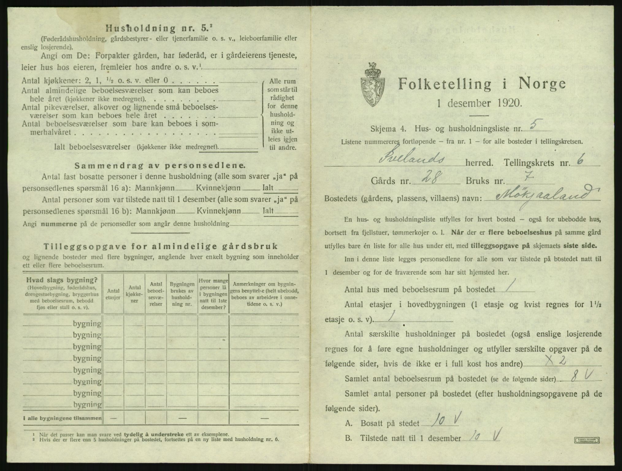 SAK, 1920 census for Iveland, 1920, p. 311