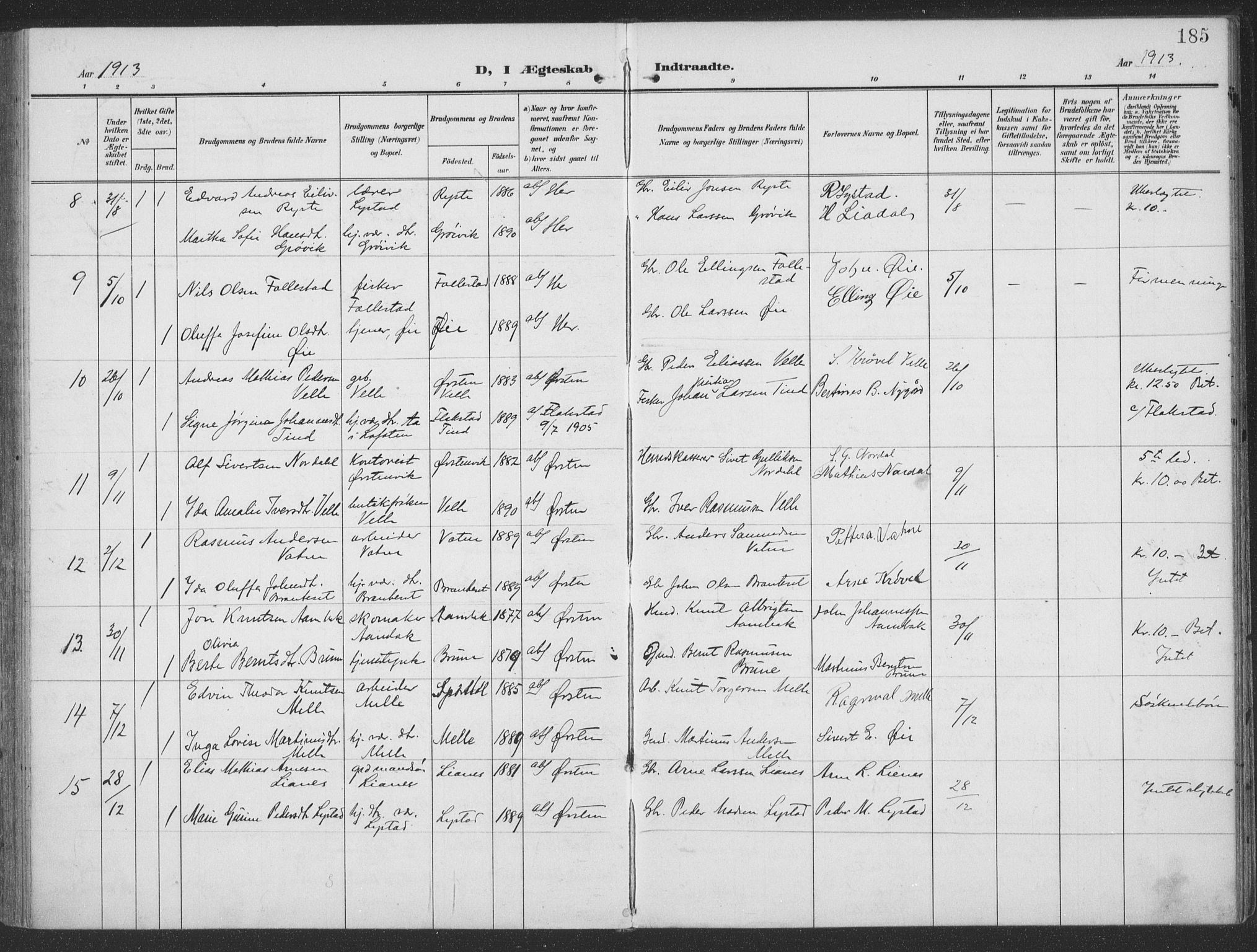 Ministerialprotokoller, klokkerbøker og fødselsregistre - Møre og Romsdal, SAT/A-1454/513/L0178: Parish register (official) no. 513A05, 1906-1919, p. 185