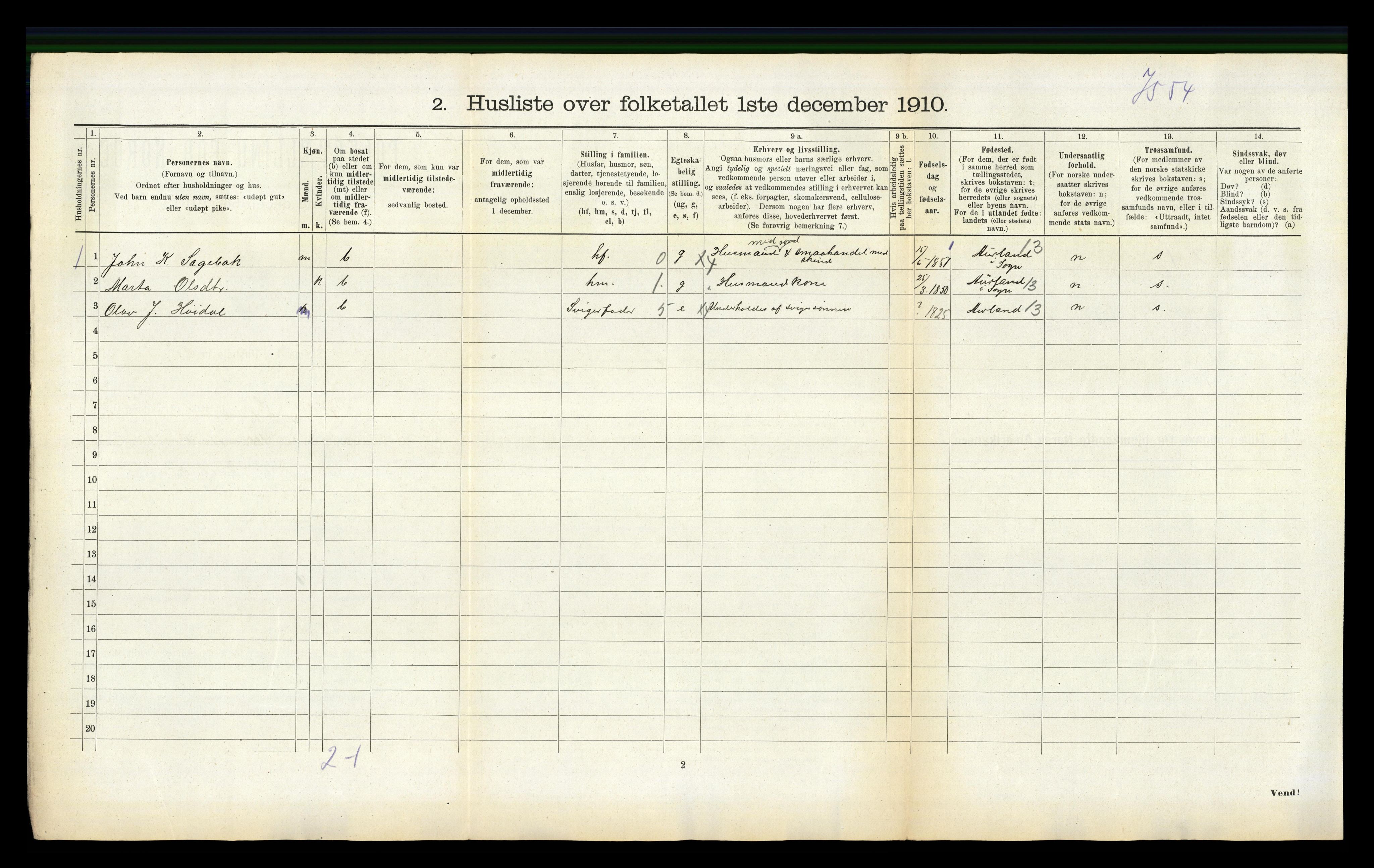 RA, 1910 census for Sogndal, 1910, p. 1175