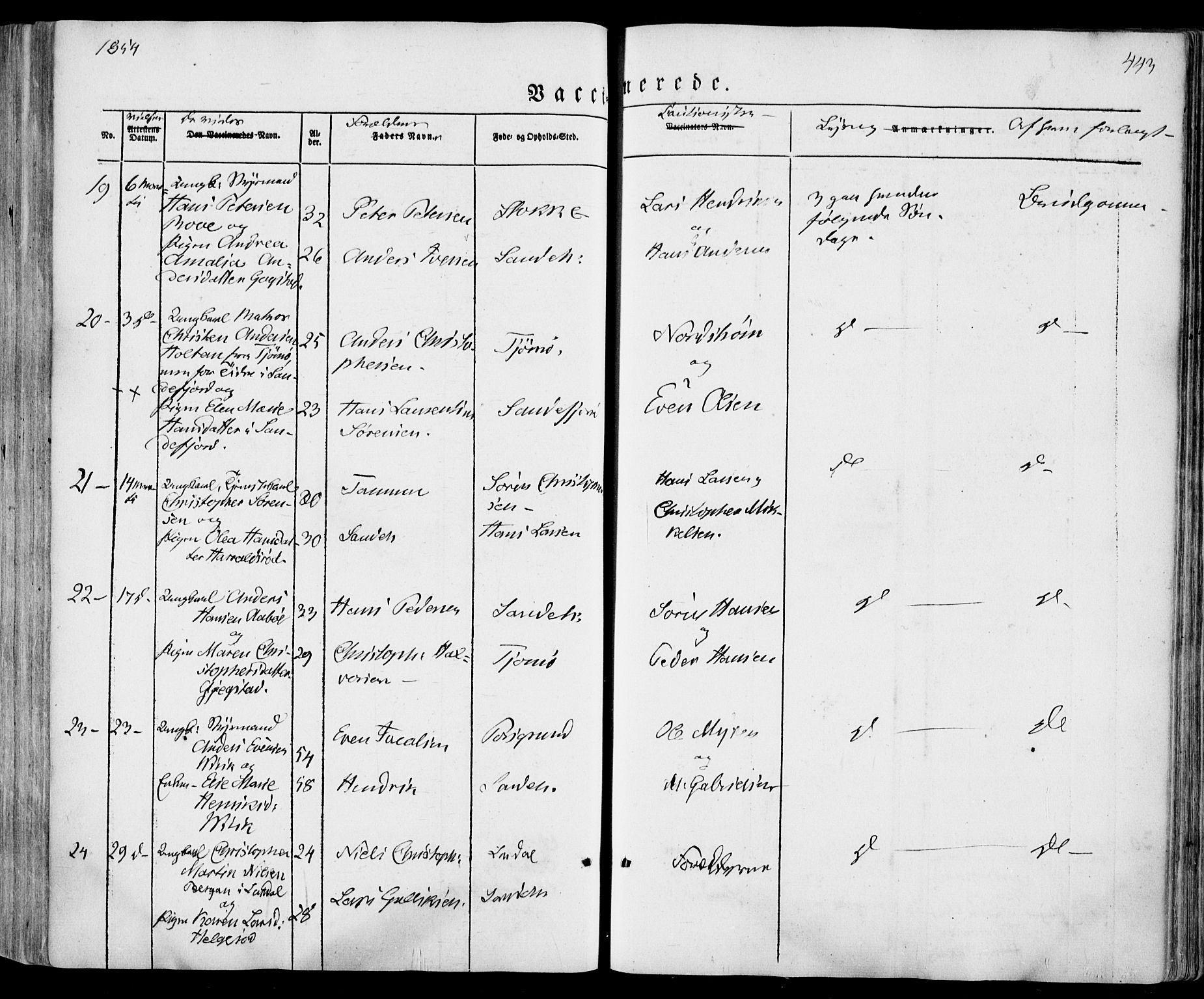 Sandar kirkebøker, AV/SAKO-A-243/F/Fa/L0006: Parish register (official) no. 6, 1847-1860, p. 443