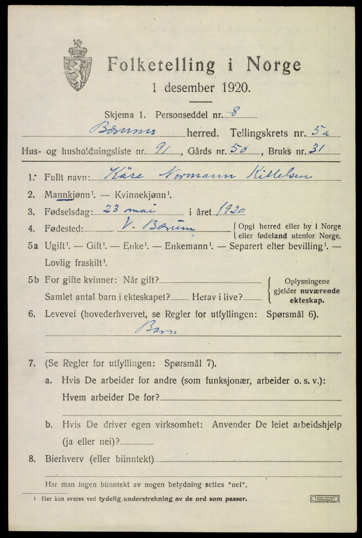 SAO, 1920 census for Bærum, 1920, p. 11604
