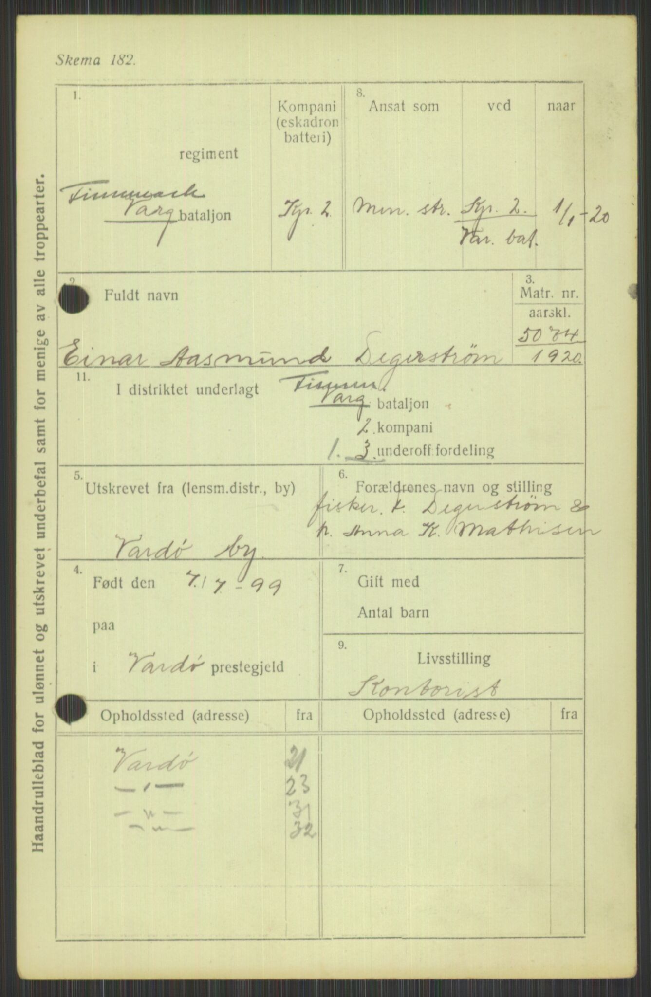 Forsvaret, Varanger bataljon, AV/RA-RAFA-2258/1/D/L0440: Rulleblad for fødte 1892-1912, 1892-1912, p. 367