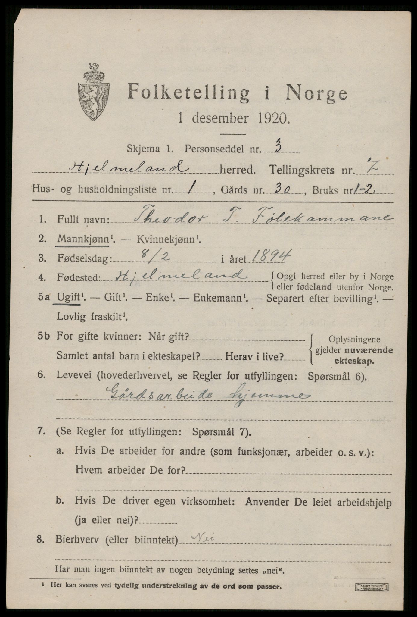 SAST, 1920 census for Hjelmeland, 1920, p. 2259