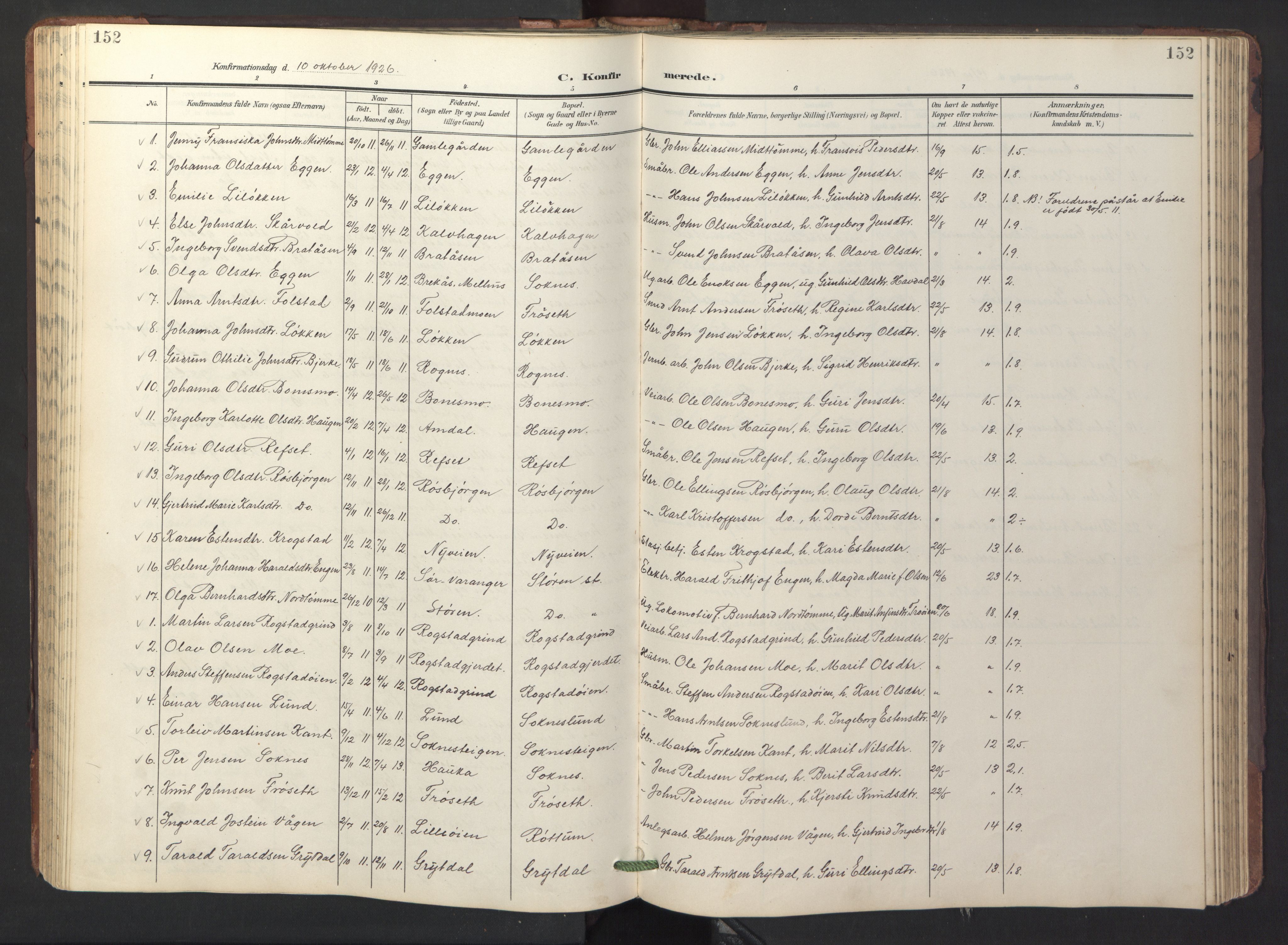 Ministerialprotokoller, klokkerbøker og fødselsregistre - Sør-Trøndelag, SAT/A-1456/687/L1019: Parish register (copy) no. 687C03, 1904-1931, p. 152