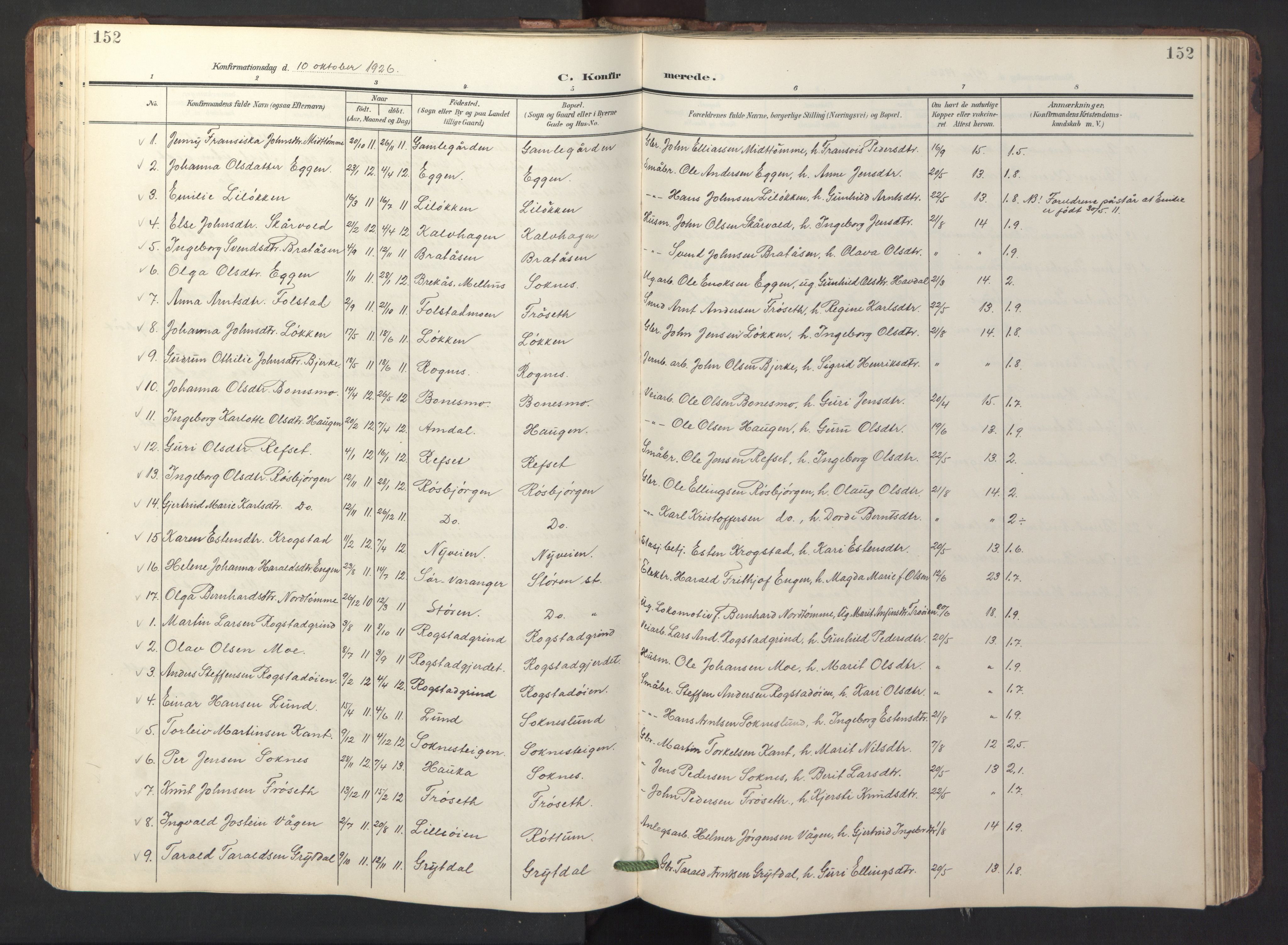 Ministerialprotokoller, klokkerbøker og fødselsregistre - Sør-Trøndelag, AV/SAT-A-1456/687/L1019: Parish register (copy) no. 687C03, 1904-1931, p. 152