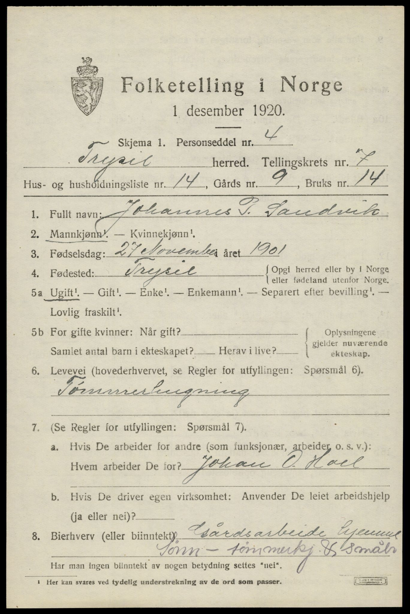 SAH, 1920 census for Trysil, 1920, p. 5371