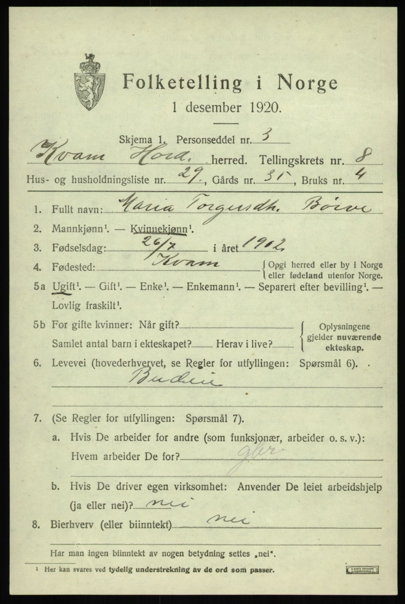 SAB, 1920 census for Kvam, 1920, p. 5415