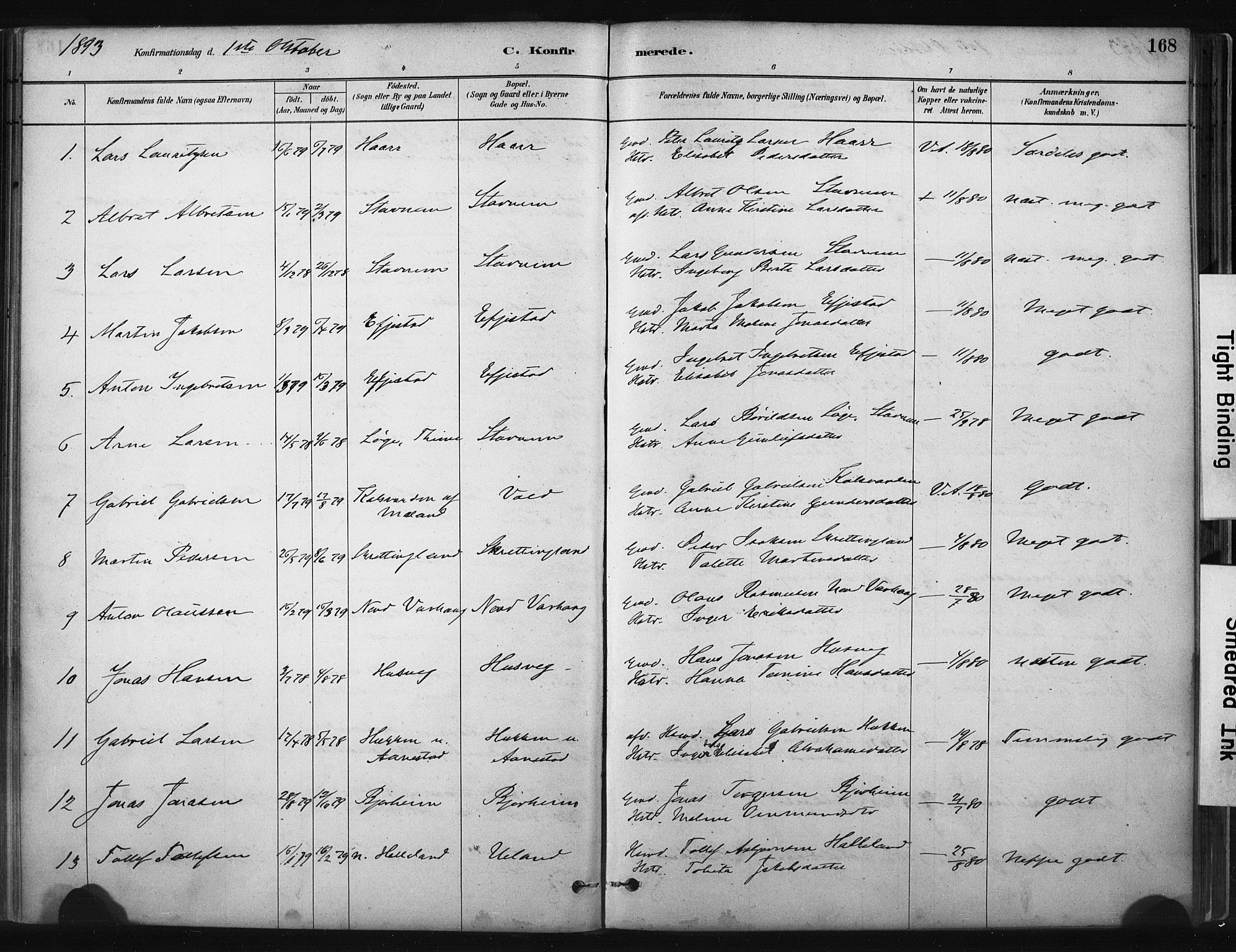 Hå sokneprestkontor, SAST/A-101801/001/30BA/L0011: Parish register (official) no. A 10, 1879-1900, p. 168