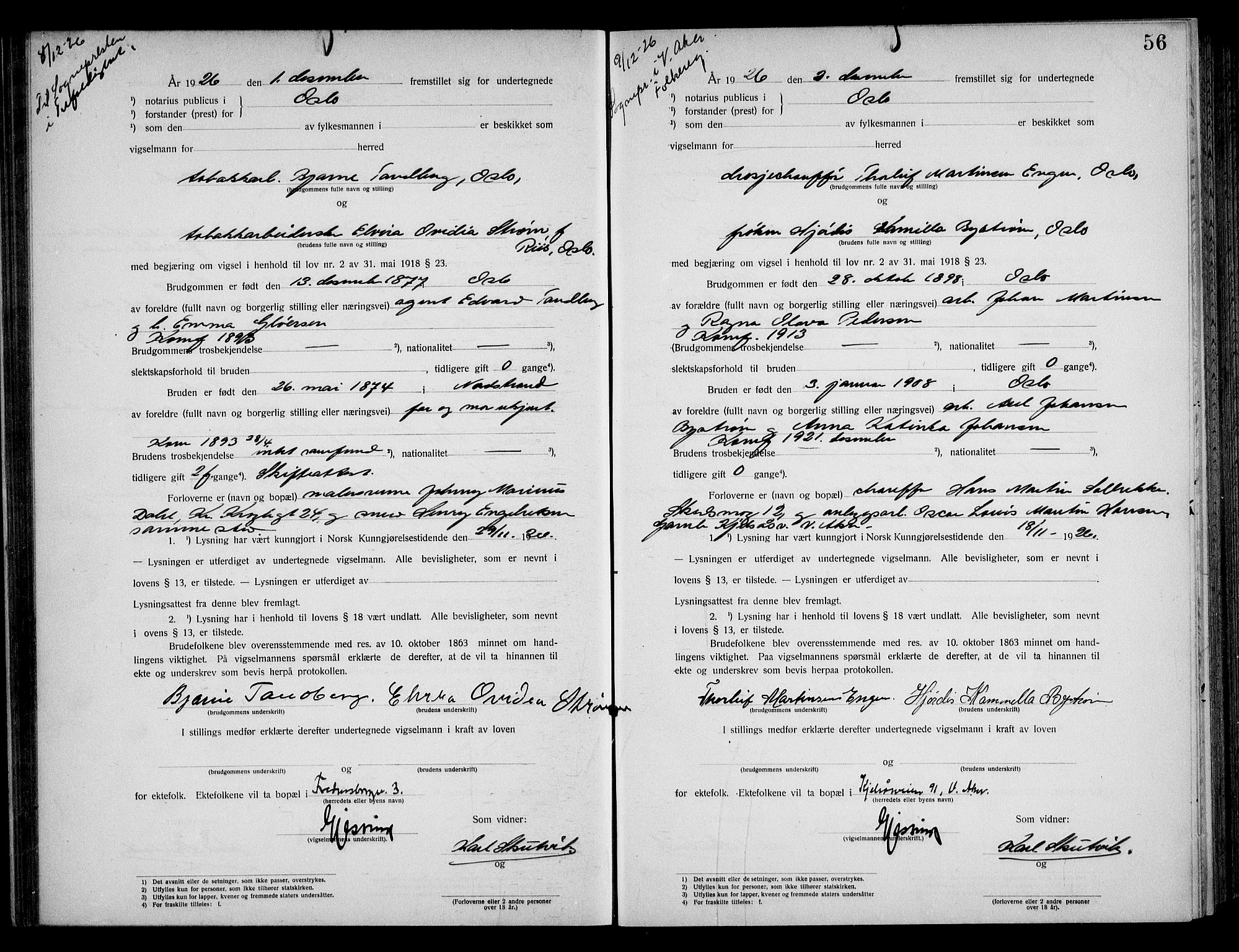 Oslo byfogd avd. I, AV/SAO-A-10220/L/Lb/Lbb/L0018: Notarialprotokoll, rekke II: Vigsler, 1926-1928, p. 55b-56a
