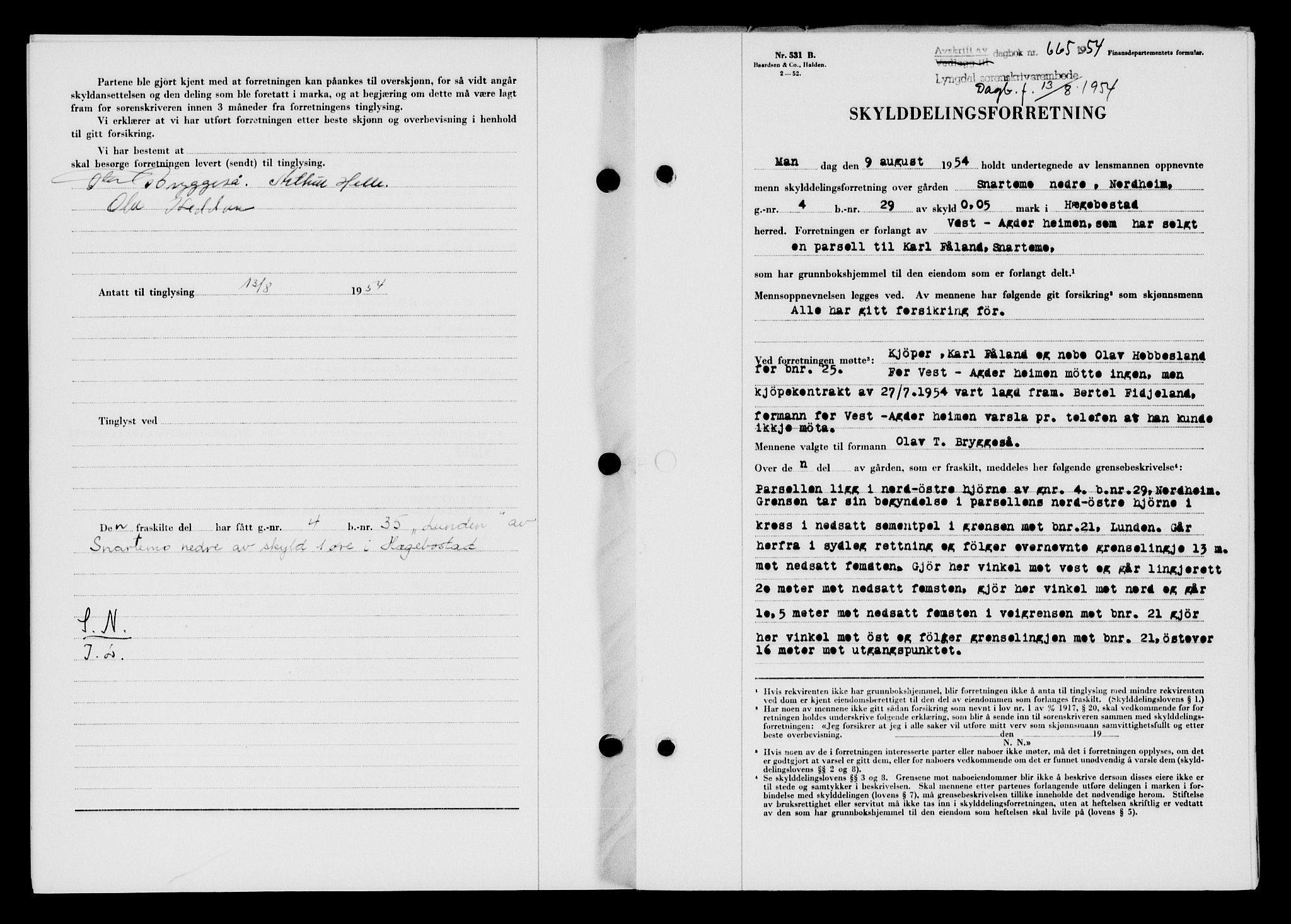 Lyngdal sorenskriveri, AV/SAK-1221-0004/G/Gb/L0670: Mortgage book no. A XVI, 1954-1954, Diary no: : 665/1954