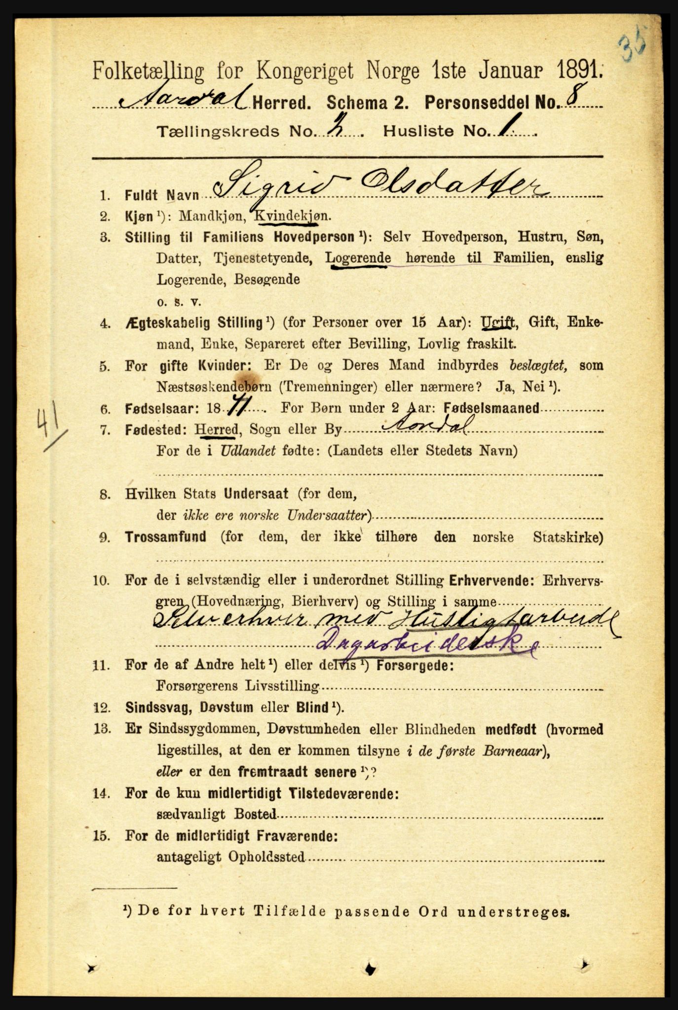 RA, 1891 census for 1424 Årdal, 1891, p. 170