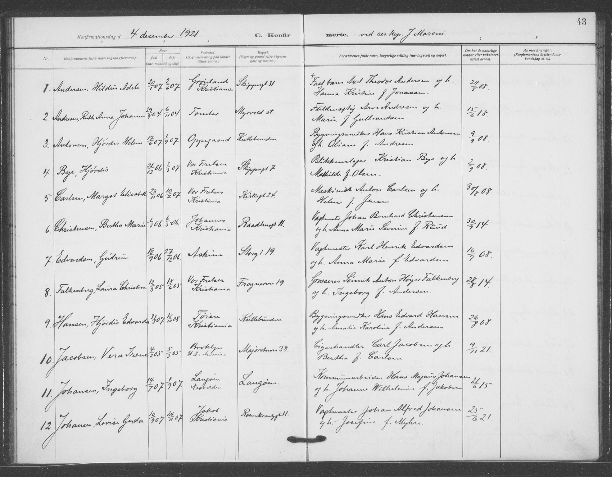 Oslo domkirke Kirkebøker, AV/SAO-A-10752/F/Fa/L0031: Parish register (official) no. 31, 1918-1941, p. 43
